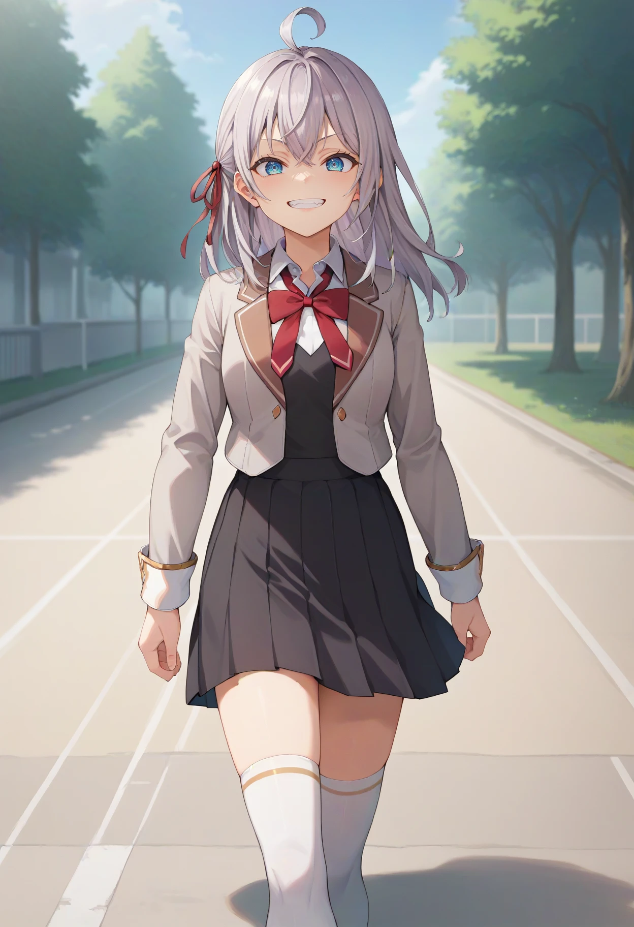 score_9, score_8_up, score_7_up, source_anime, 1girl, alya, grey hair, long hair, ahoge, hair ribbon, blue eyes, school uniform, bowtie, black skirt, white thighhighs, grin, looking at viewer, walking, pov, outdoors <lora:brj-alya-pony-v0.5:1>