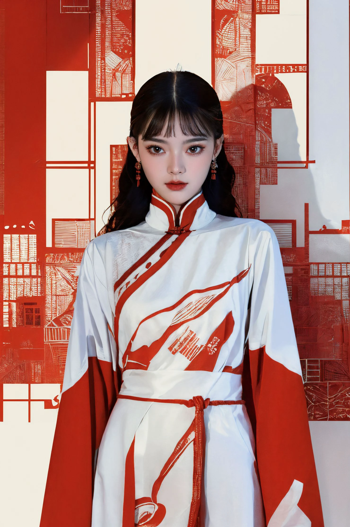 ((masterpiece))),(((best quality))),((super detailed)),((extremely delicate and beautiful)),cinematic light,detailed environment,
xuer calligraphy,1girl,solo,
(red and light white theme:1.4),
xuer Vector illustration,<lora:~Q?-leg
 wcV xuer Vector illustration:0.8>,