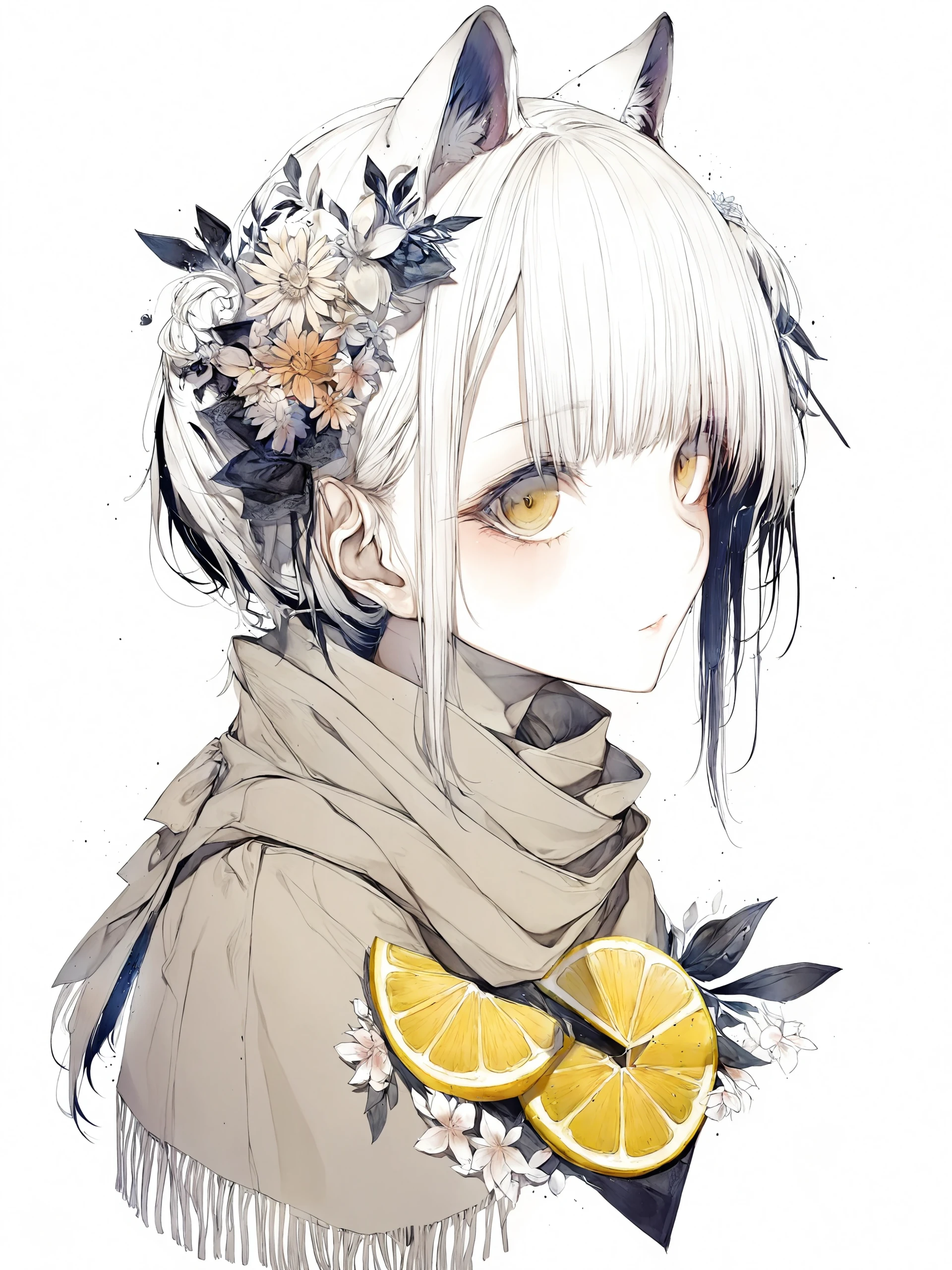 1girl, hito komoru,
animal ears, blush, hair ornament, short hair, white background, flower,hair flower, fruit, blunt bangs, scarf, yellow eyes, white hair, portrait, pale skin, lemon slice,
<lora:kohaku_delta_style_hito_komoru_f8-000048:1> ,