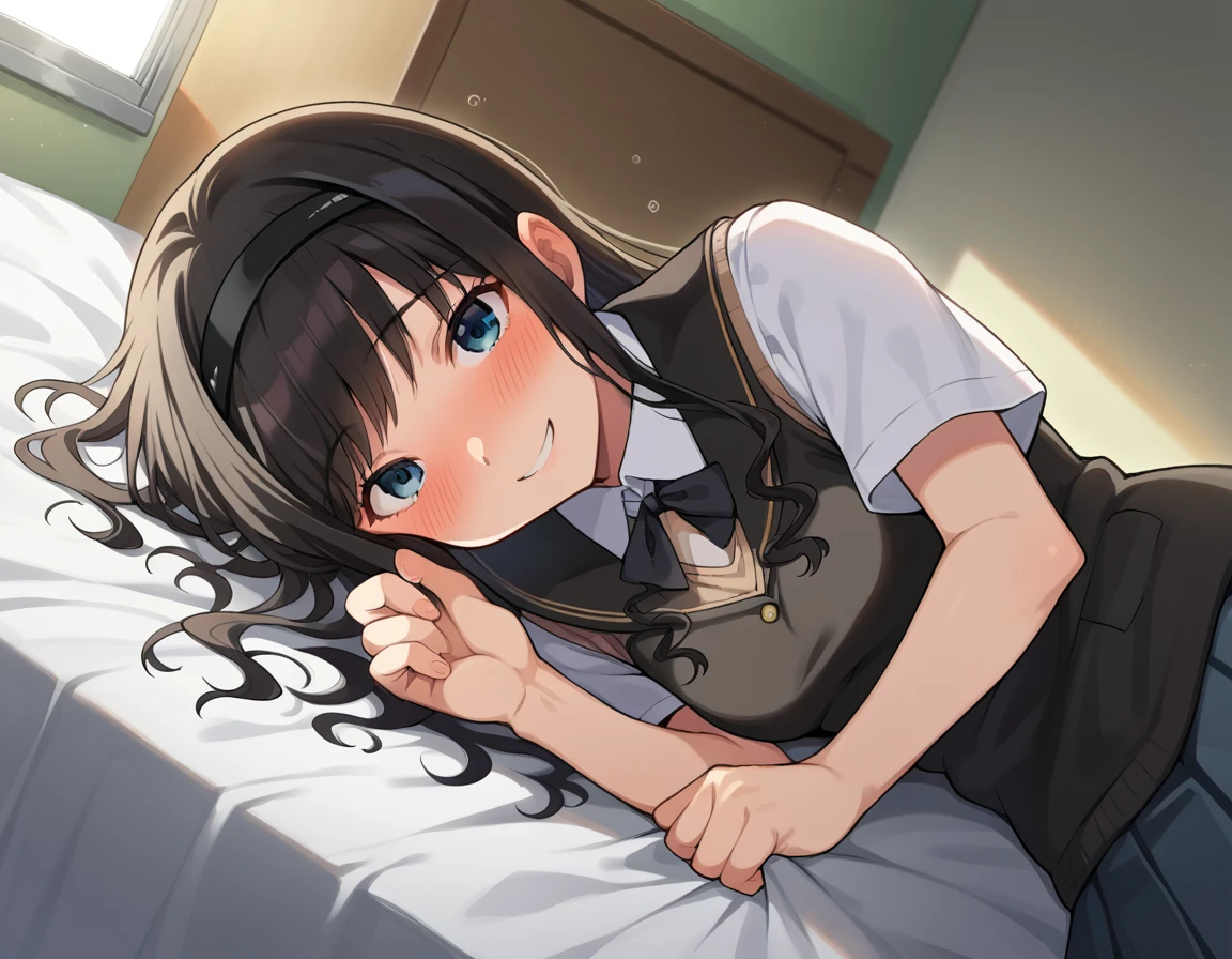 score_9, score_8_up, score_7_up, source_anime,
harukamorishima, <lora:haruka-morishima-ponyxl-lora-nochekaiser:1>
haruka morishima, long hair, black hair, hairband, black hairband, smile,
kibito high school uniform, school uniform, sweater vest,
indoors, bed, bed room, on side, blush, drunk,
looking at viewer, dutch angle, cowboy shot,