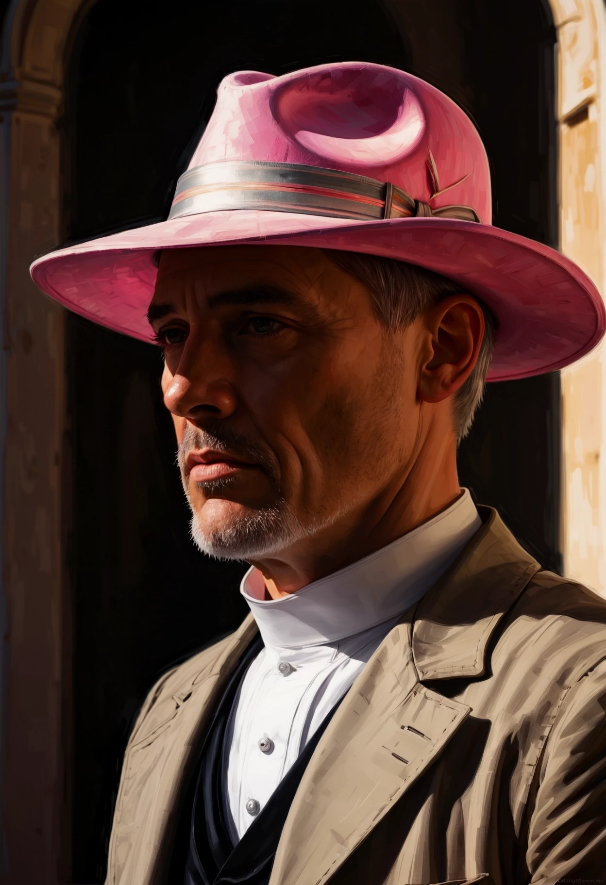 concept art ethereal fantasy concept art of (by Brian Kesinger:1.1) , digital art, eye-level shot of a Eclectic strong Priest (Father:1.3) , he is feeling very disappointed, the Priest is wearing his Layered Panama hat, The Panama hat is 1920'S, It has diagonal stripes trimmings on it, Pink hair, Worried Regency Belts, Bathed in shadows, Bokeh, ultrafine detailed, F/2.8, Muted Colors, A digital artwork captures a moment of disappointment in a priest's life. The central figure is a man dressed in regency belts and a pink layered panama hat adorned with diagonal stripes trimmings. His expression suggests deep concern, further emphasized by the bokeh background and muted colors. The photo was taken at an eye level shot, using an f/2.8 lens for ultrafine detailing. The lighting creates a dramatic effect, casting shadows over the subject. This piece of art truly stands out due to its fine detailing and realistic portrayal of emotions. . magnificent, celestial, ethereal, painterly, epic, majestic, magical, fantasy art, cover art, dreamy . digital artwork, illustrative, painterly, matte painting, highly detailed