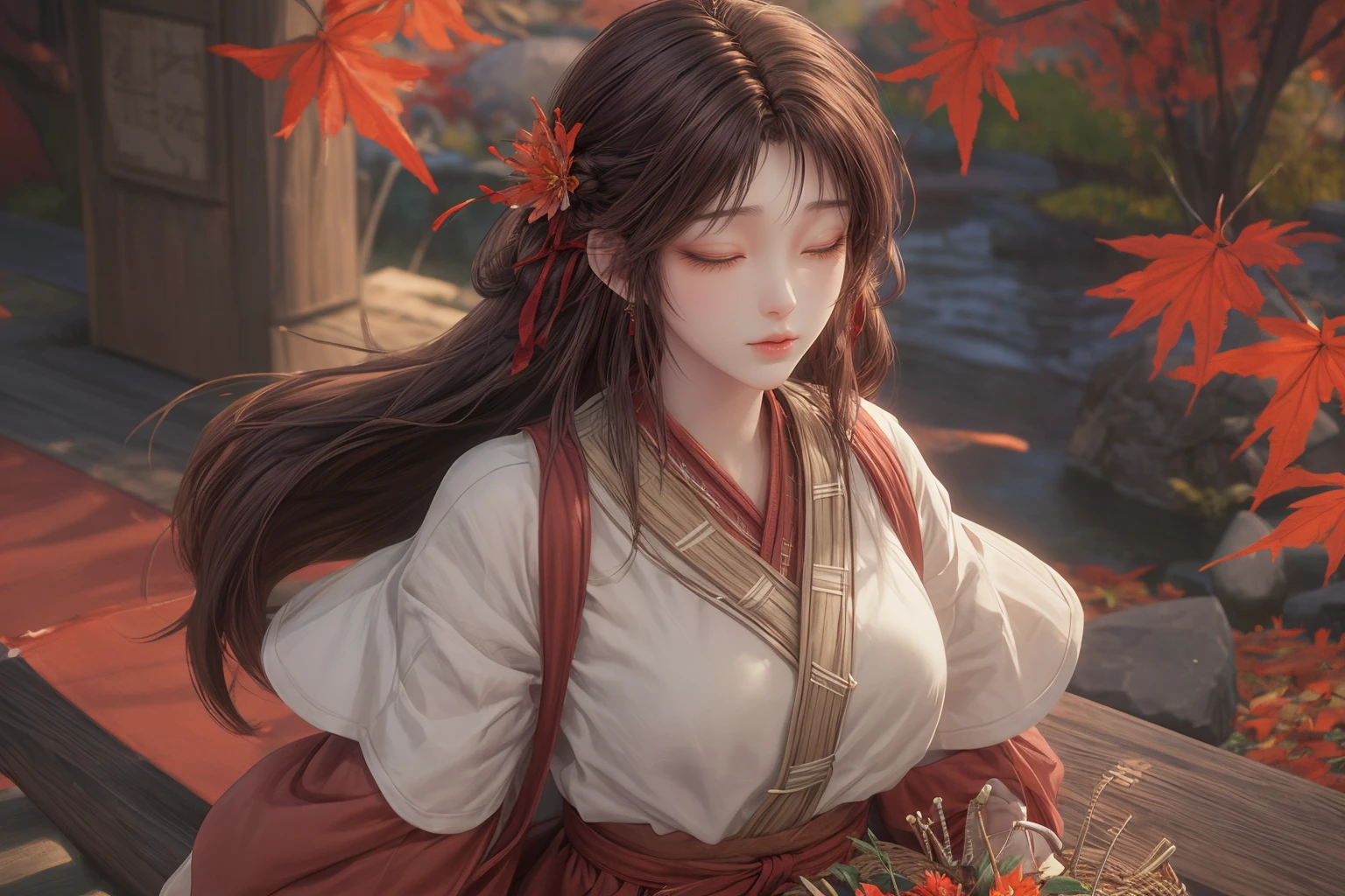 <lora:Huo Ling'er-v3-000001:0.8>,
score_9,score_8_up,score_7_up,beautiful face,beautiful features,
solo,masterpiece,highest quality,exquisite details,amazing art,realistic details,pretty face,real skin,8K,RAW,movie lighting,soft light,shallow depth of field,bokeh,dreamy,best quality,intricate detail,
huo ling'er,1girl,basket,solo,long hair,brown hair,from above,closed eyes,leaf,maple leaf,flower basket,autumn leaves,outdoors,holding basket,skirt,standing,hair ornament,autumn,japanese clothes,holding,flower,<lora:Detail Tweaker LoRA (ç»èè°æ´):0.8>,, best quality , masterpiece, illustration, an extremely delicate and beautiful, extremely detailed ,CG,unity,8k wallpaper, Amazing, finely detail, masterpiece, best quality,official art,extremely detailed CG unity 8k wallpaper,absurdres, incredibly absurdres, huge filesize , ultra-detailed, highres, extremely detailed,beautiful detailed girl, extremely detailed eyes and face, beautiful detailed eyes,light on face,
