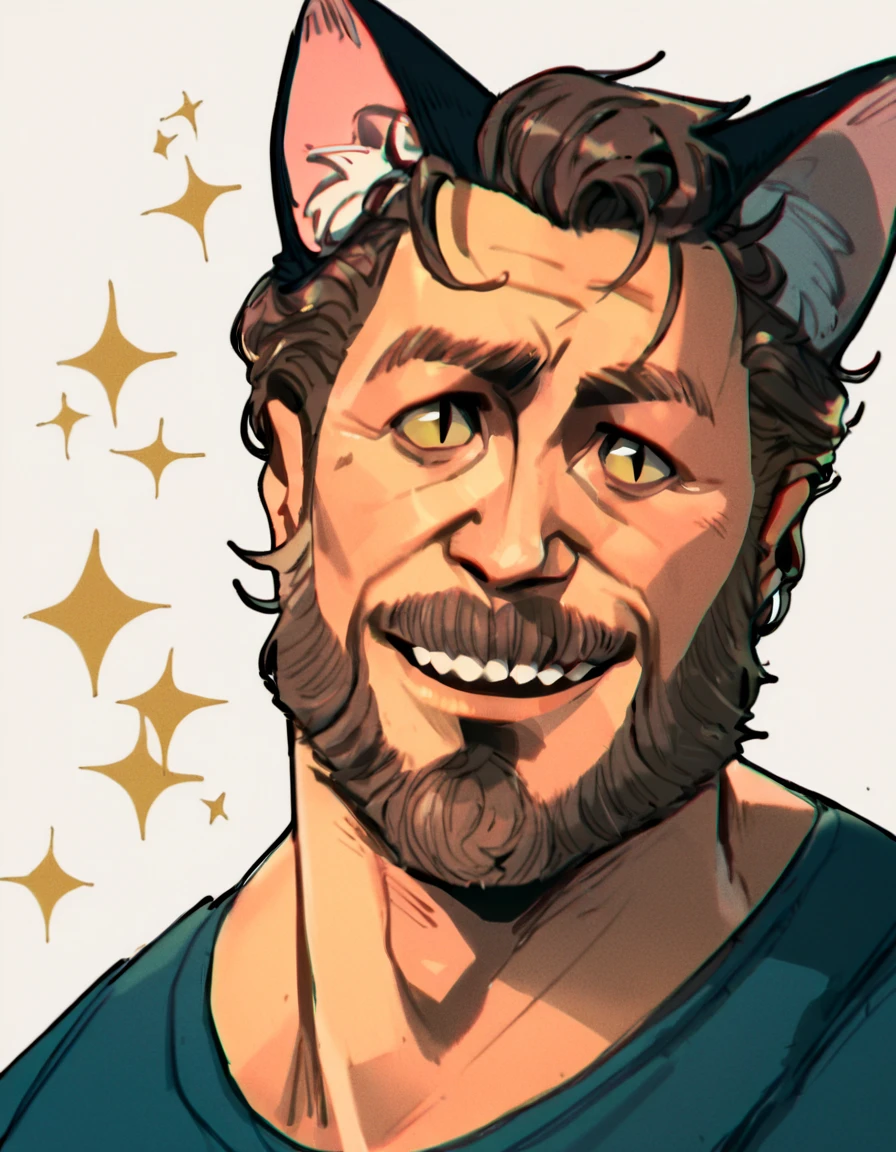 absurdres, hires, score_9, score_8_up, score_7_up, score_6_up, score_5_up, score_4_up, rating_safe, rating_questionable, 1boy, solo, male focus, mature male, beard, brown hair, smile, teeth, t-shirt, short, upper body, cat ears, slit pupils, sparkle