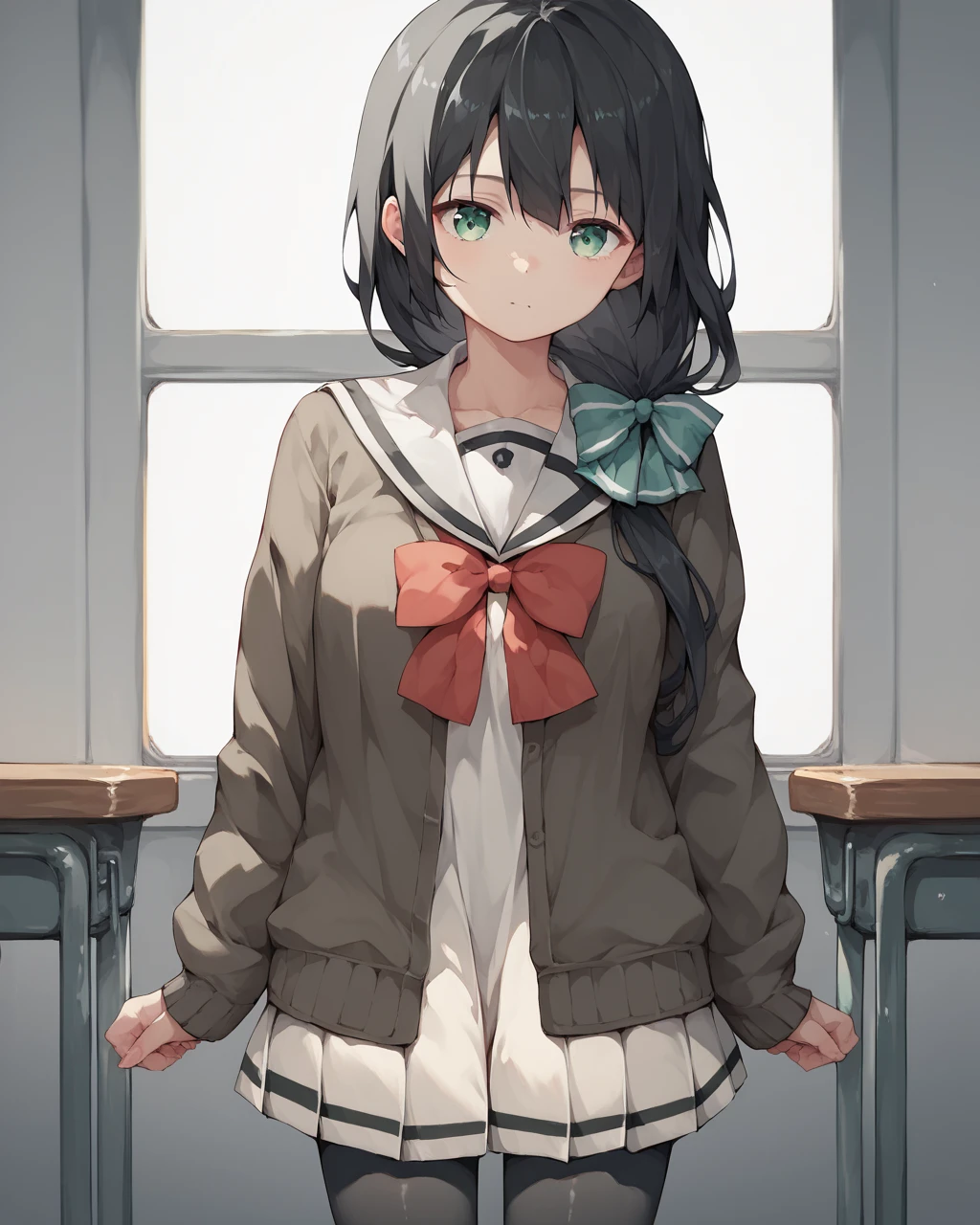 score_9, score_8_up, score_7_up,
<lora:Tougou_mimori_PONY:1>,1girl, solo, long hair, black hair,green eyes,hair over shoulder, school uniform, black pantyhose, cardigan,dress, serafuku,