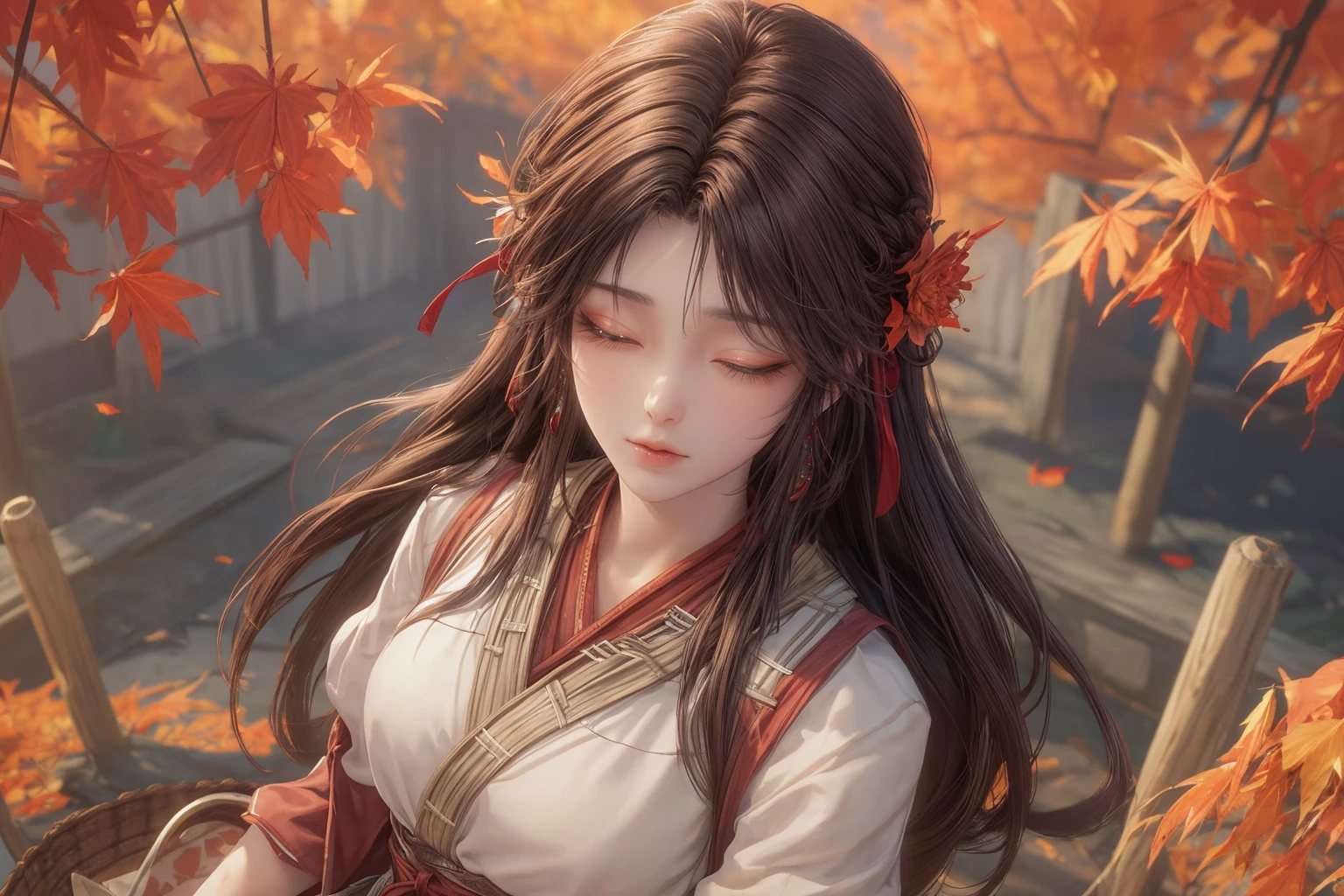 <lora:Huo Ling'er-v3-000001:0.8>,
score_9,score_8_up,score_7_up,beautiful face,beautiful features,
solo,masterpiece,highest quality,exquisite details,amazing art,realistic details,pretty face,real skin,8K,RAW,movie lighting,soft light,shallow depth of field,bokeh,dreamy,best quality,intricate detail,
huo ling'er,1girl,basket,solo,long hair,brown hair,from above,closed eyes,leaf,maple leaf,flower basket,autumn leaves,outdoors,holding basket,skirt,standing,hair ornament,autumn,japanese clothes,holding,flower,<lora:Detail Tweaker LoRA (ç»èè°æ´):0.8>,, best quality , masterpiece, illustration, an extremely delicate and beautiful, extremely detailed ,CG,unity,8k wallpaper, Amazing, finely detail, masterpiece, best quality,official art,extremely detailed CG unity 8k wallpaper,absurdres, incredibly absurdres, huge filesize , ultra-detailed, highres, extremely detailed,beautiful detailed girl, extremely detailed eyes and face, beautiful detailed eyes,light on face,