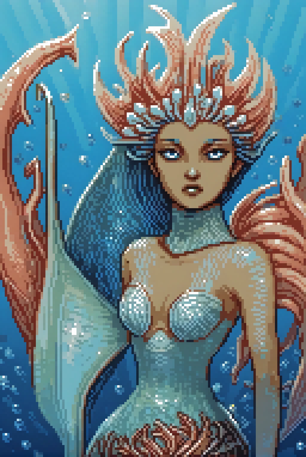This merperson has shimmering scales covering their tail, which gradients from deep blue to aquamarine. They wield a trident made of coral and pearl, and their hair floats around their head like seaweed. Their arms are adorned with shell armor, and their eyes reflect the ocean's depths. <lora:pixelportraits192-v1-2151:0.75>