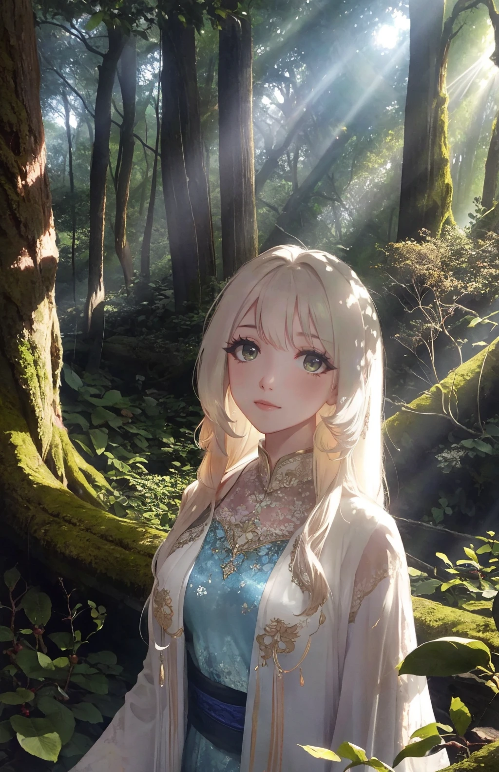 1girl,upperbody,long hair,ancient forest,hidden glade,moonbeams, overgrown, dappled light, crepuscular rays, dreamlike, otherworldly, ethereal, hazy background, mystic, dark,detailed background,<lora:Misty1:0.7> Misty