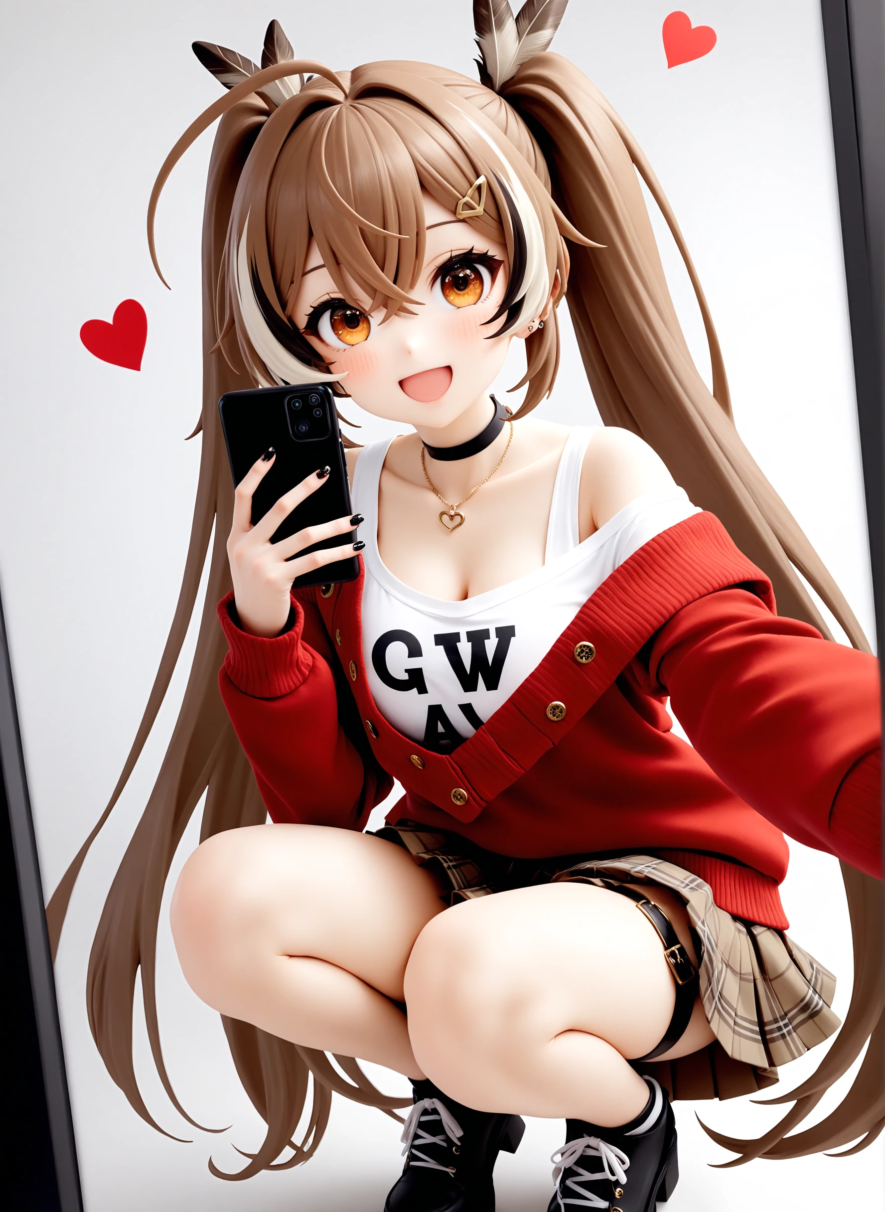 1girl, nanashi mumei, phone, brown hair, virtual youtuber, v, streaked hair, cellphone, skirt, brown eyes, plaid skirt, ahoge, multicolored hair, choker, plaid, shirt, black choker, necklace, jewelry, smile, holding phone, smartphone, long hair, solo, holding, thigh strap, twintails, selfie, sweater, black nails, fingernails, red shirt, nail art, official alternate costume, pleated skirt, looking at viewer, nail polish, open mouth, off shoulder, red skirt, sleeves past wrists, :d, squatting, heart, , masterpiece, best quality, very aesthetic, absurdres