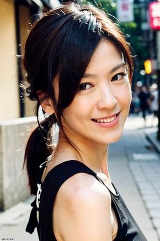 Best quality,masterpiece,ultra high res,(photorealistic:1.4),1girl,low key,slim body,japanese street alley,dynamic pose,face closeup,<lora:kelly_lin>,smile,brown hair,teen,pony-tail,
