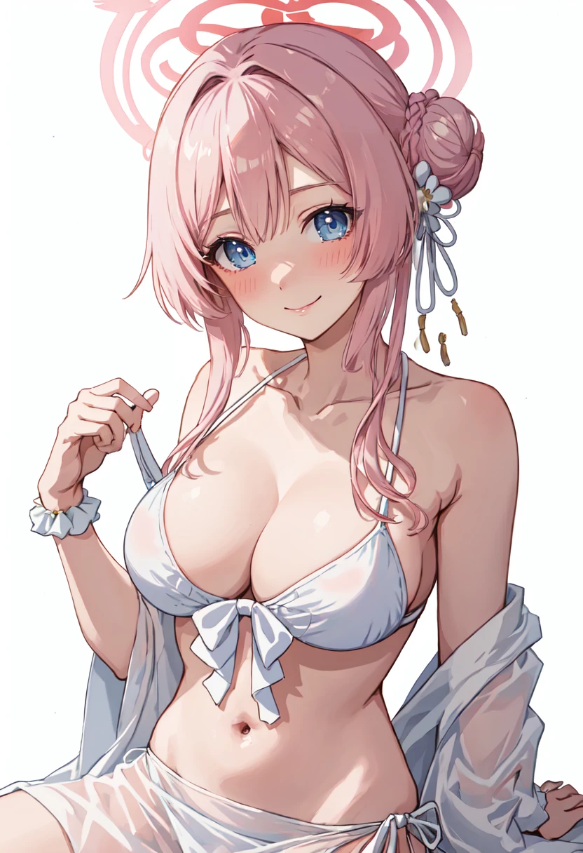 best quality, masterpiece, highres, solo, (mimori_bluearchive:1.10), 1girl, looking at viewer, official alternate costume, white , cleavage, collarbone, navel, simple background, white background, blush, white sarong, smile, closed mouth,  shoulders, stomach, sidelocks, sitting, wrist scrunchie, 7 <lora:mimori_bluearchive:0.80>