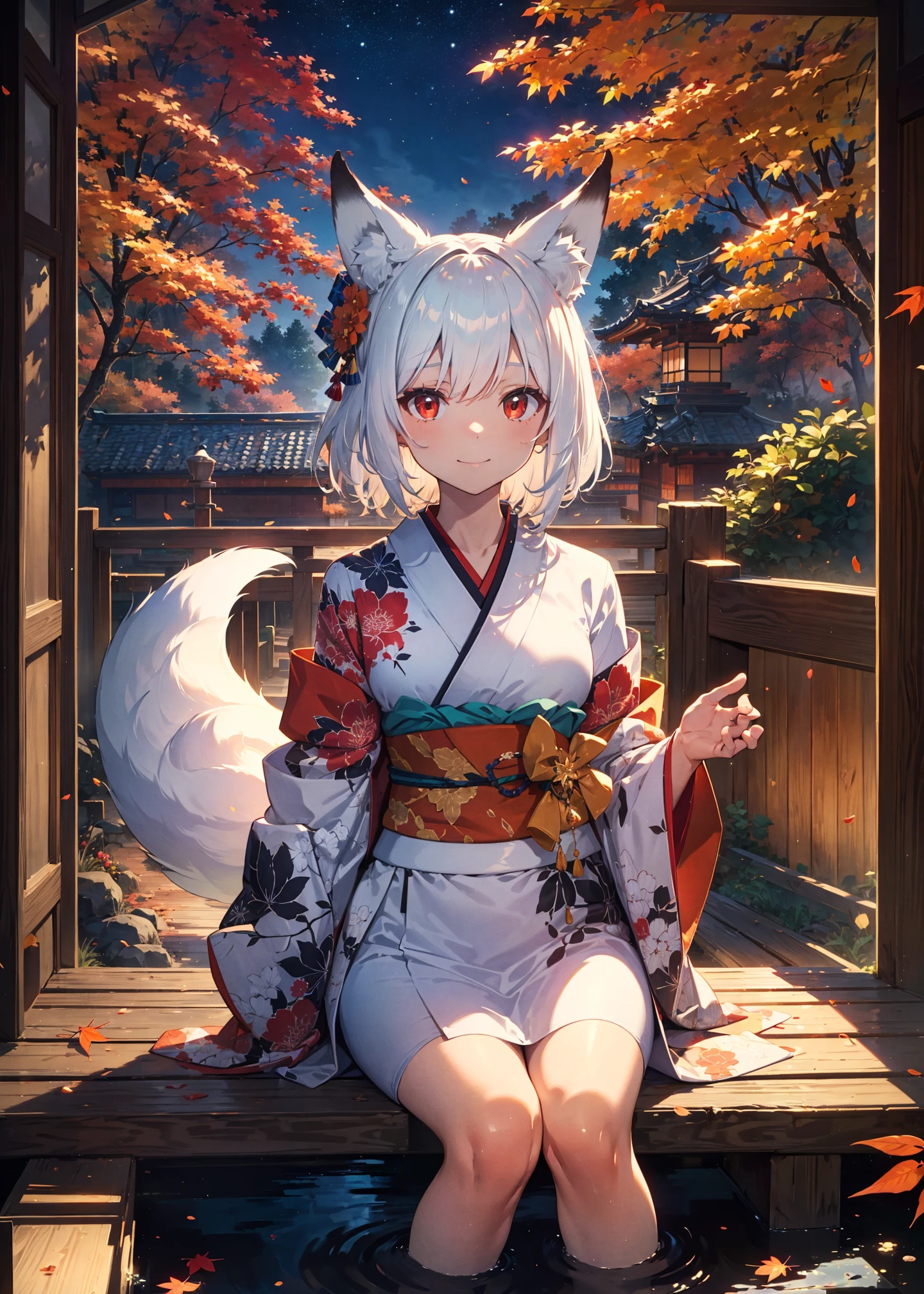 ((masterpiece:1.4, best quality)), ((masterpiece, best quality)),girl sitting in a Japanese-style garden, featuring white,red and orange lights,wearing a futuristic kimono,white hair,red eyes,smile,fox ears,falling autumn leaves,night