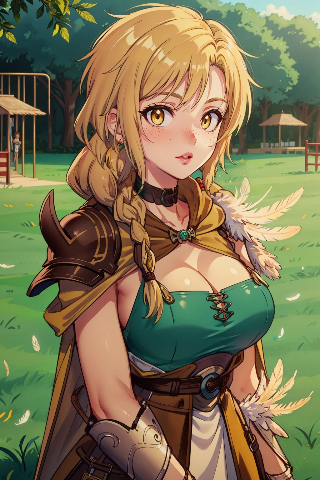 at a park, lush greenery, open fields, playground,  solo, biancawhitaker, long hair, breasts, yellow eyes, blonde hair, cleavage, choker, jewelry, braid, armor, cape, lips, single braid, feathers, shoulder armor, hair over shoulder, freckles, <lora:Bianca_Whitaker_Dragon_Quest_Your_Story:1>, looking at viewer