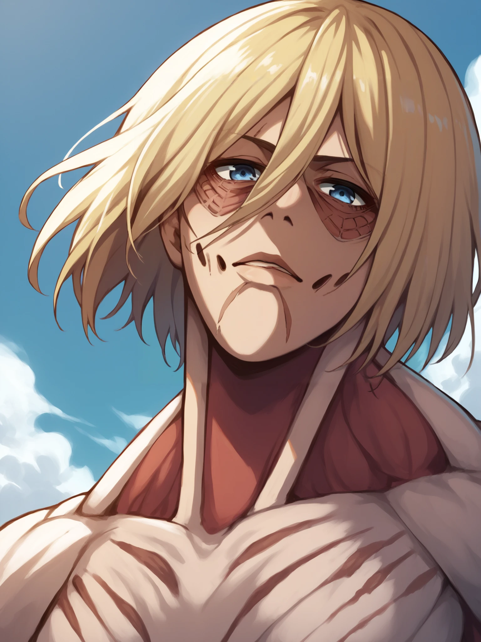 score_9, score_8_up, score_7_up, score_6_up, score_5_up, score_4_up, BREAK, source_cartoon, source_anime,
1girl,  female titan, blonde hair, short hair, blue eyes, giantess, muscular, scar,
upper body, looking at viewer, solo, simple background   <lora:FemaleTitanXL:1>