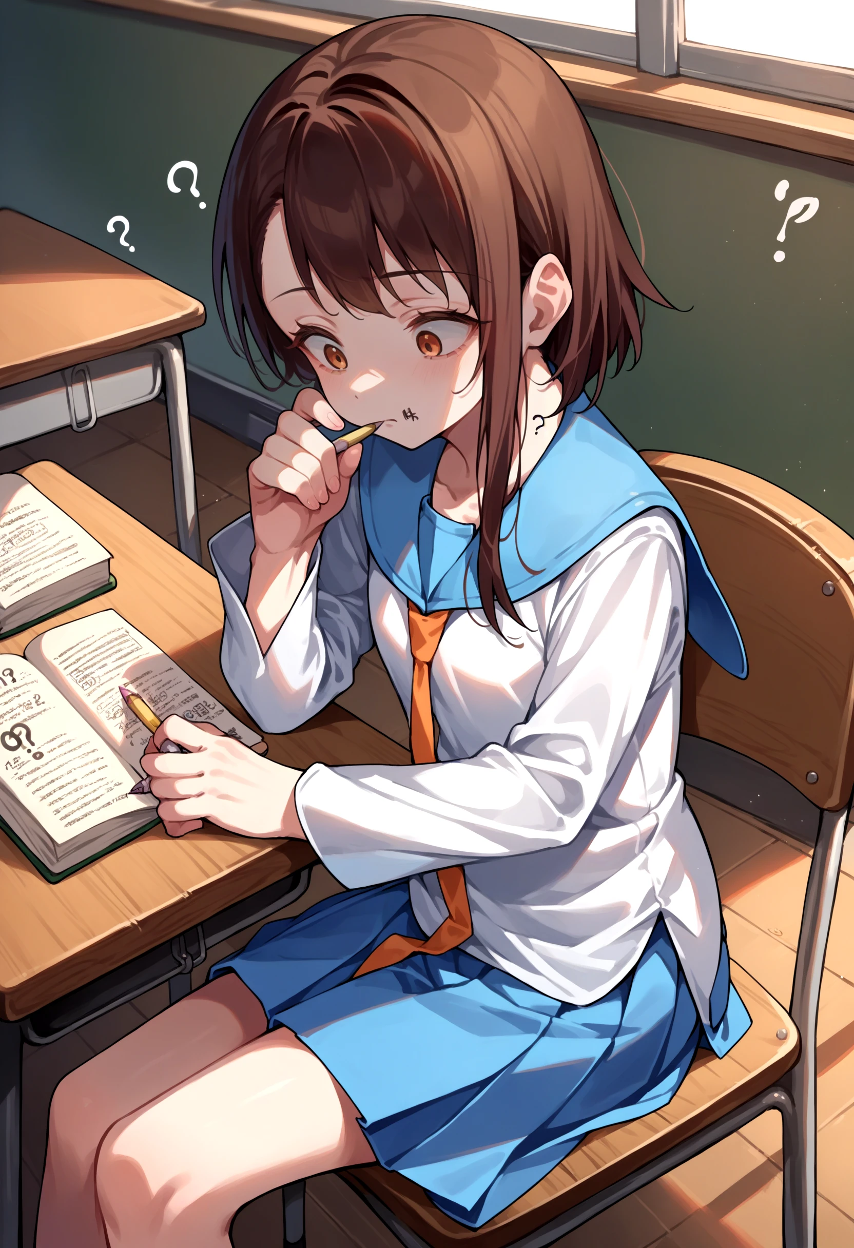 score_9, score_8_up, score_7_up, source_anime, 1girl, solo, OnoderaKosaki, <lora:OnoderaKosaki_XLPD:1>, school uniform, serafuku, blue skirt, pleated skirt, blue sailor collar, white shirt, school, table, chair, book, pencil, sitting, writing, thinking, ?, !?,