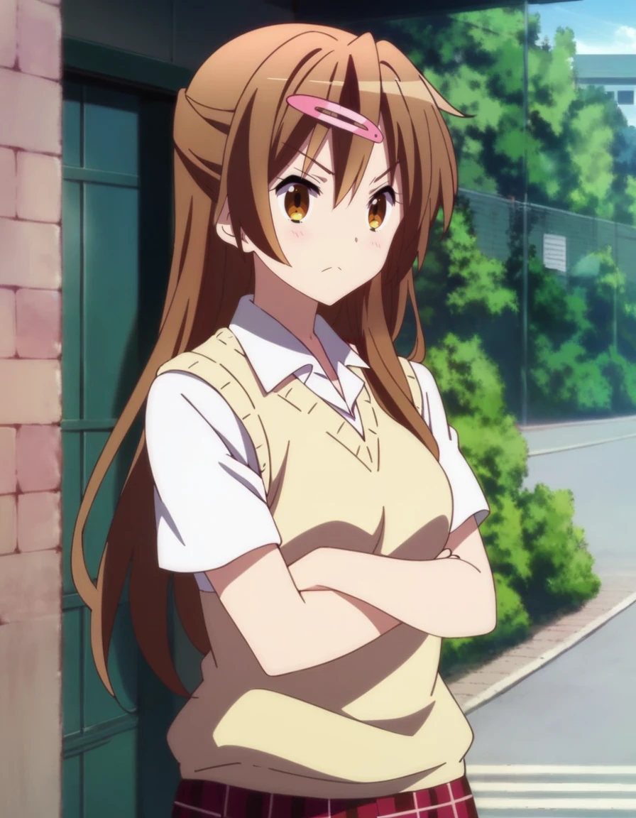 score_9,score_8_up,score_7_up,masterpiece,best quality,absurdres,official art,official style,source_anime,uncensored,game cg,megami magazine,
1girl,
<lora:nibutanishinkaXL3pony:0.8>,nibutanishinka,
brown eyes, brown hair, long hair, hairclip,
school uniform,sweater vest,plaid skirt,shirt,
frown,
crossed arms,
schoolyard,
cowboy shot,