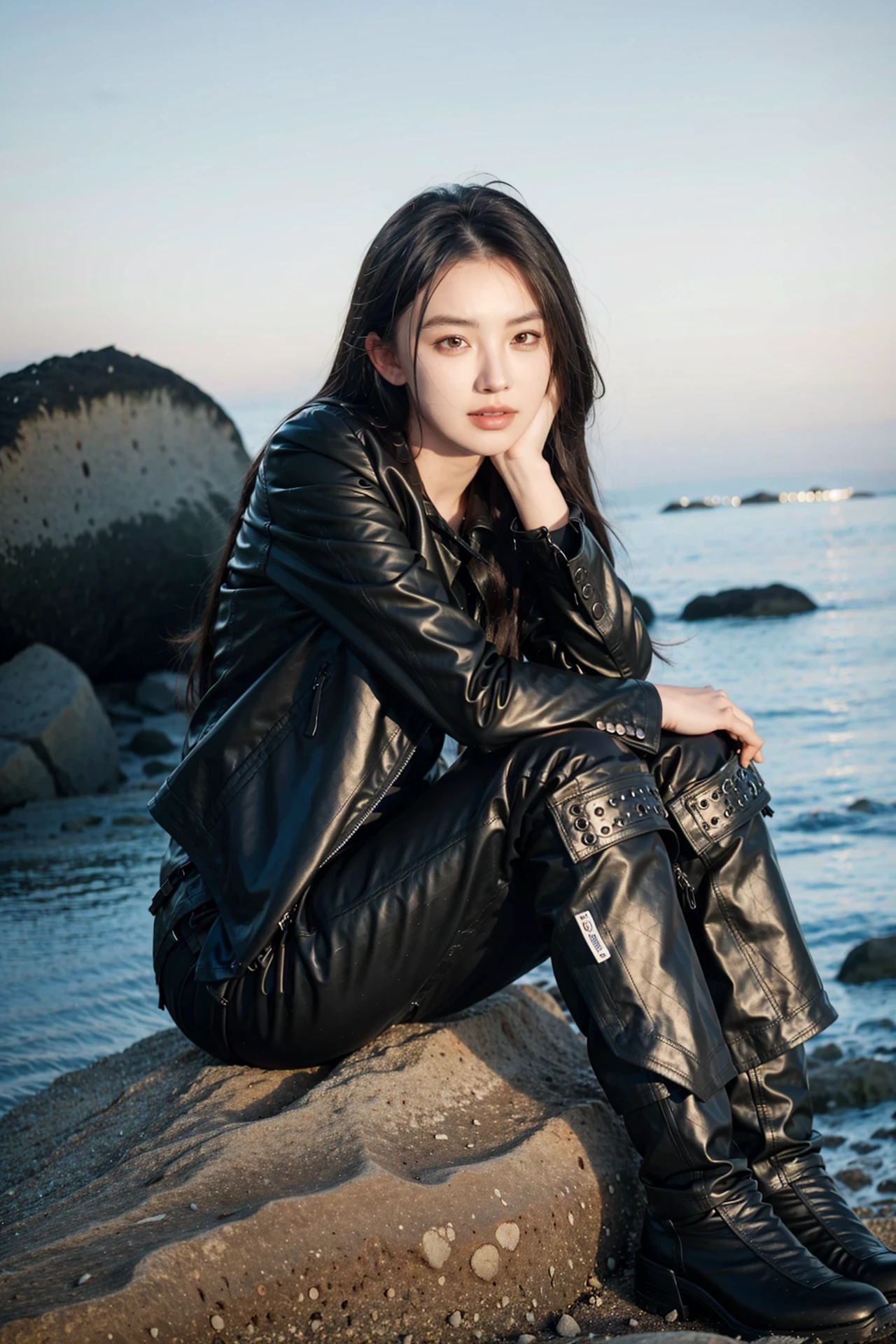 <lora:chensai_1.0:0.7>
chensai, 1girl, long hair, 
black jacket, pants, black boots, 
sitting, head rest, 
outdoors, beach, rock, 
masterpiece,best quality,ultimate details,highres,8k,wallpaper,extremely clear,