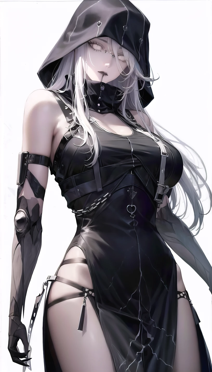 black robot joints,white hair,white eyes,
(tank top:1.28),
lady,mature female, cowboy shot, 
(white background, simple background:1.18), 
highres,official art,original,masterpiece,best quality, 
(large breasts),
<lora:nox:1>