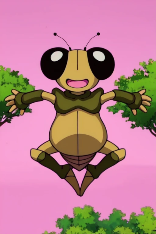 gregory, solo, open mouth, no humans, cricket, full body, antennae, smile, outdoors, tree, pink sky, outstretched arms, black eyes, spread arms, :d, jumping, bush, 1boy, floating (best quality, low quality) <lora:bubblesgregory_v0_1_prod-000032:1>