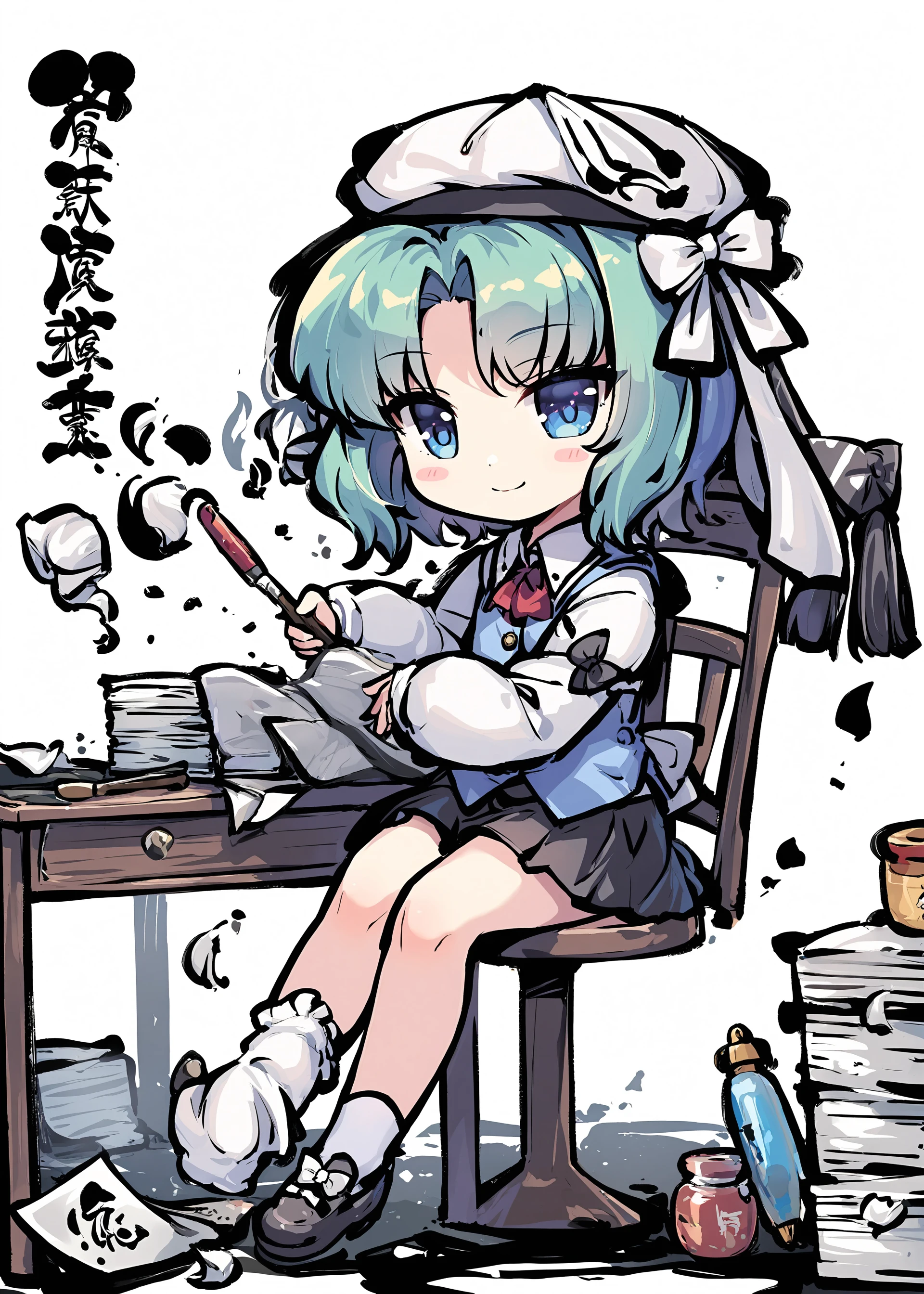 1girl,tokiame,ink,
shiki eiki,
ink, crumpled paper, white bow, blush stickers, white socks, full body, skirt, short hair, crossed ankles, ribbon, footwear bow, socks, paintbrush, shoe dangle, blue vest, chair, blush, hat, miniskirt, long sleeves, chibi, sleeve bow, on chair, sitting, simple background, green hair, desk, white ribbon, single shoe, white background, smile, solo, blue eyes, paper, calligraphy brush, bow, paper stack, vest, shoes, black skirt, rod of remorse,
masterpiece, newest, absurdres, safe
<lora:a31_style_tokiame_v2:1> ,