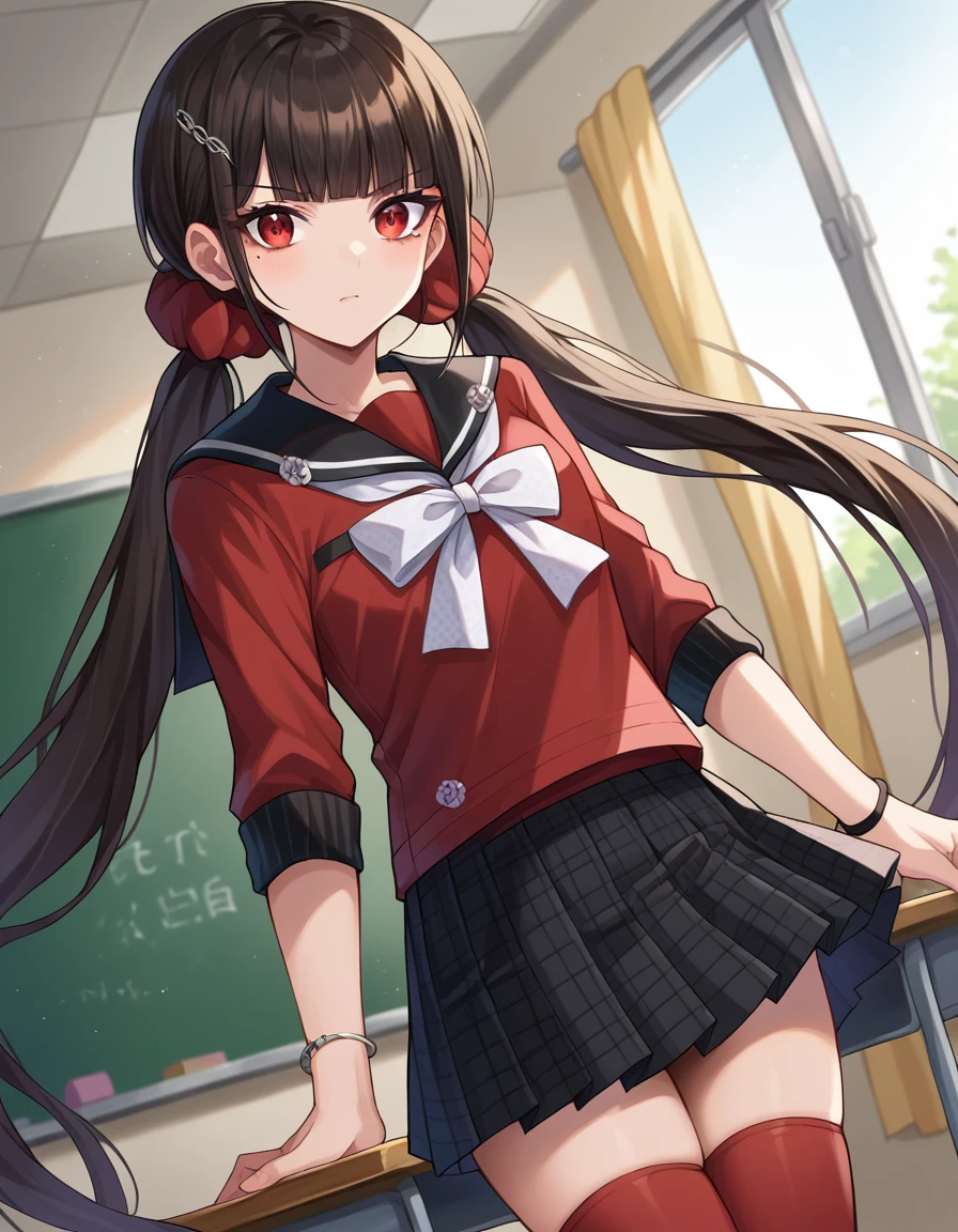 score_9, score_8_up, score_7_up, source_anime,
harukawamaki, <lora:maki-harukawa-ponyxl-lora-nochekaiser:1>
harukawa maki, long hair, bangs, brown hair, black hair, hair ornament, red eyes, twintails, very long hair, hairclip, blunt bangs, mole under eye, low twintails, scrunchie, hair scrunchie, red scrunchie,
skirt, shirt, thighhighs, long sleeves, bow, school uniform, pleated skirt, serafuku, miniskirt, black skirt, sailor collar, mole, bracelet, zettai ryouiki, plaid, plaid skirt, red shirt, black sailor collar, red thighhighs,
indoors, classroom,
looking at viewer, dutch angle, cowboy shot,