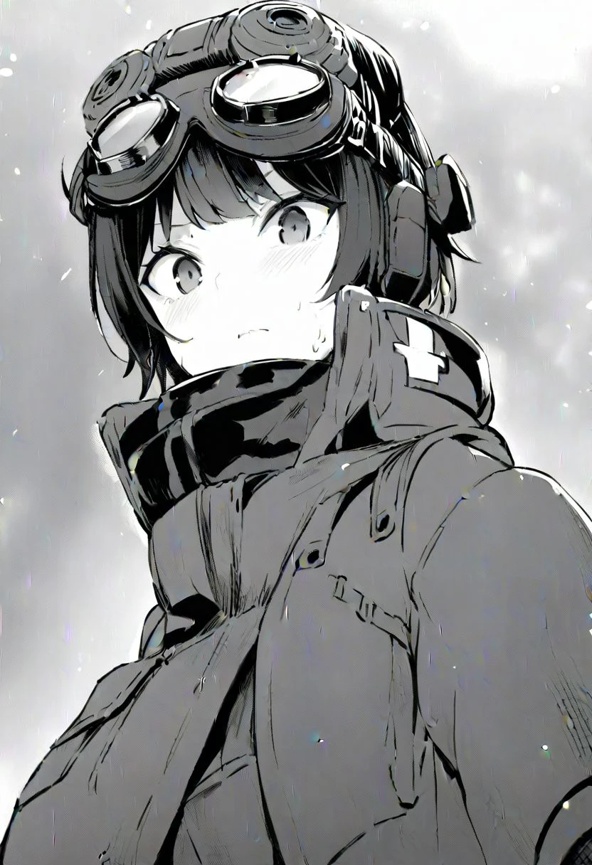 1girl, greyscale, monochrome, gloves, goggles, fingerless gloves, breasts, goggles on head, solo, v
masterpiece, best quality, very aesthetic, absurdres,