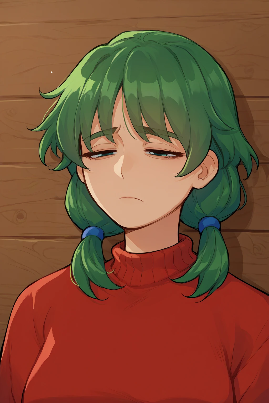 source_anime, score_9, score_8_up, solo, 1girl, <lora:NSCarolineStardew:1> NSCarolineStardew, green hair, low twintails, short hair, mature, red sweater, tired, close-up, Christmas, wooden wall