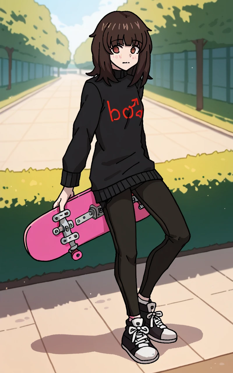 <lora:boymoderxl-v2:1> score_9, score_8_up, 1girl, solo, (boymoder), brown hair, bangs, brown eyes, black sweater, black pants, sneakers, skateboarding, park