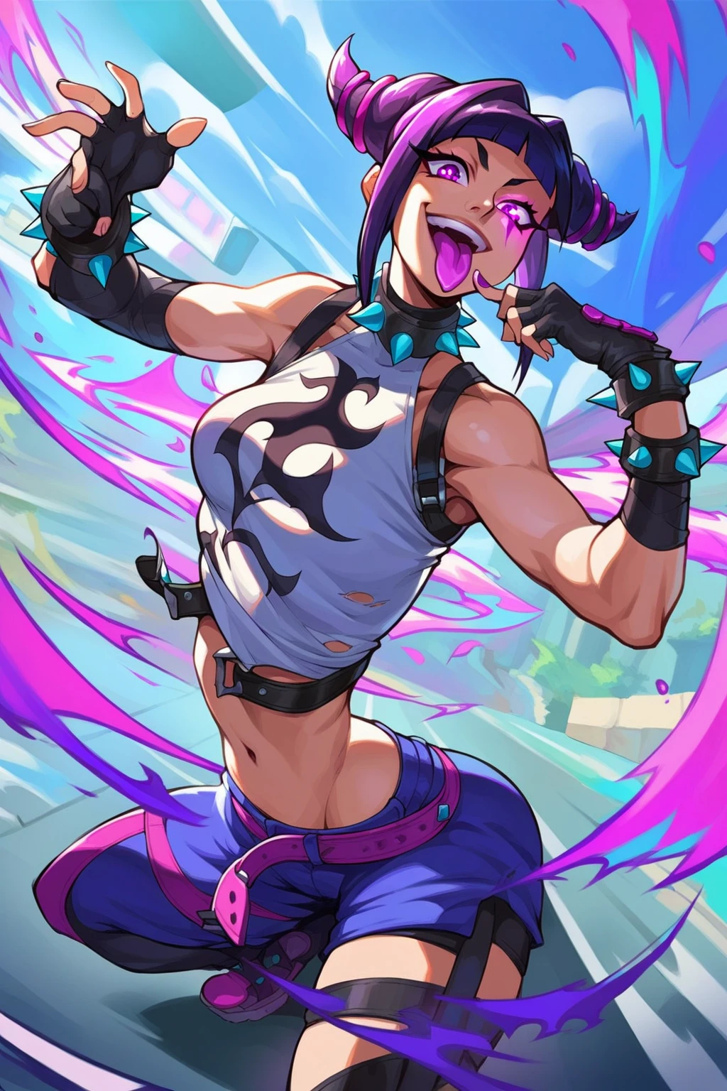 score_9, score_8_up, score_7_up, street_fighter street_fighter_6 street_fighter_iv_(series) han_juri 1girl black_hair blunt_bangs bracelet breasts candy collar drill_hair fingerless_gloves food gloves glowing glowing_eye hair_horns jewelry lollipop looking_at_viewer medium_breasts multicolored_hair navel pink_eyes purple_eyes short_hair sidelocks smile solo spiked_bracelet spiked_collar spikes tongue tongue_out twin_drills