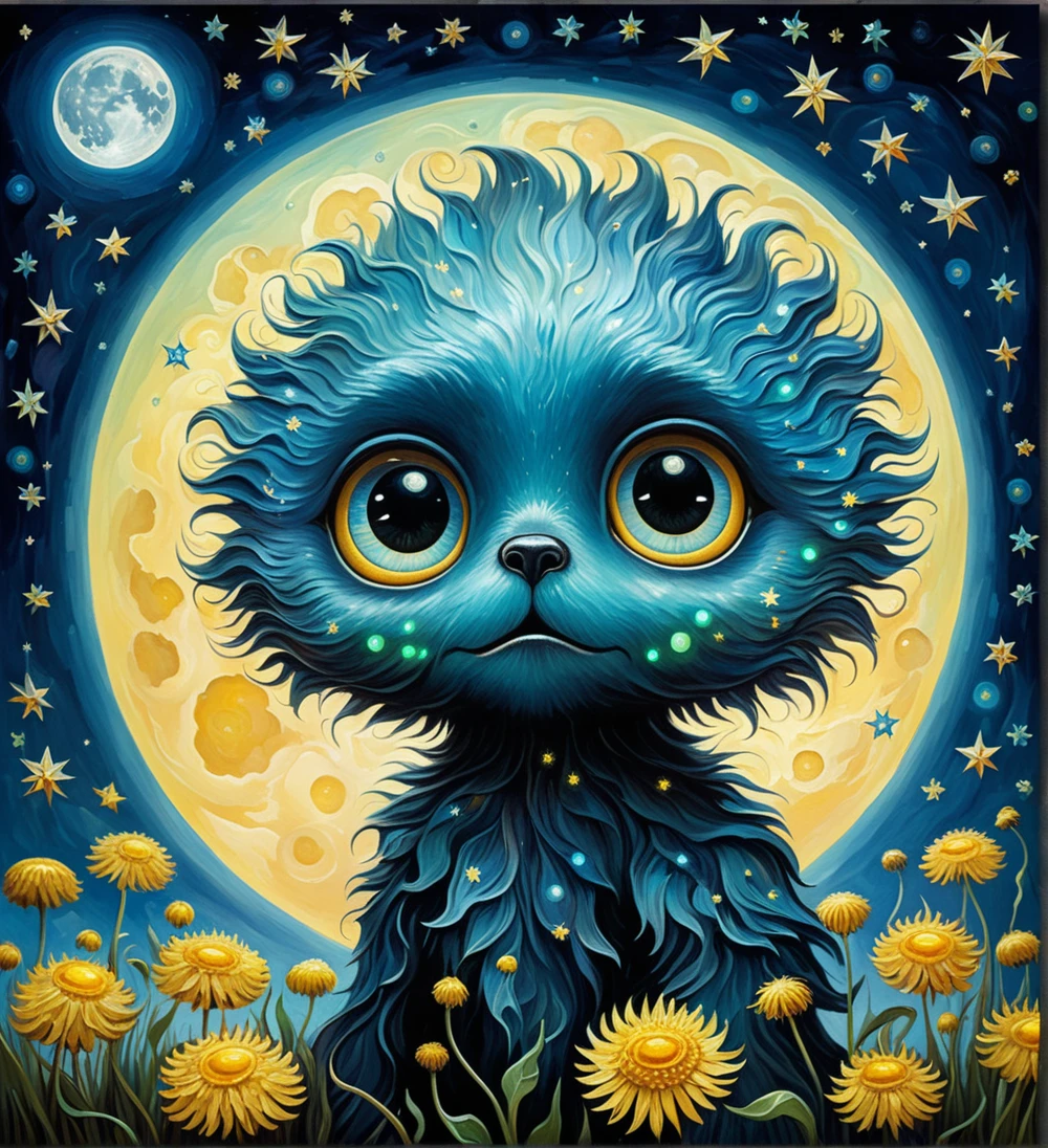ultra highly detailed, triadic colors, cinematic, 32k, , luminism, detailed oil painting by Dorian Vallejo, Damian Lechoszest, Todd Lockwood, cgsociety, fairytale storybook illustration, nightmare ethereal transparent ghost creature , big glowing eyes, cute face, stars, dandelions, highly detailed luminous unusual delicate color drops, extremely big moon, moonlight, stars, night. detailed sky with clouds, highly detailed, intricated, intricated pose, oil painting, thick strokes, , masterpiece, high quality, Van Gogh starry sky, centered , perfect composition