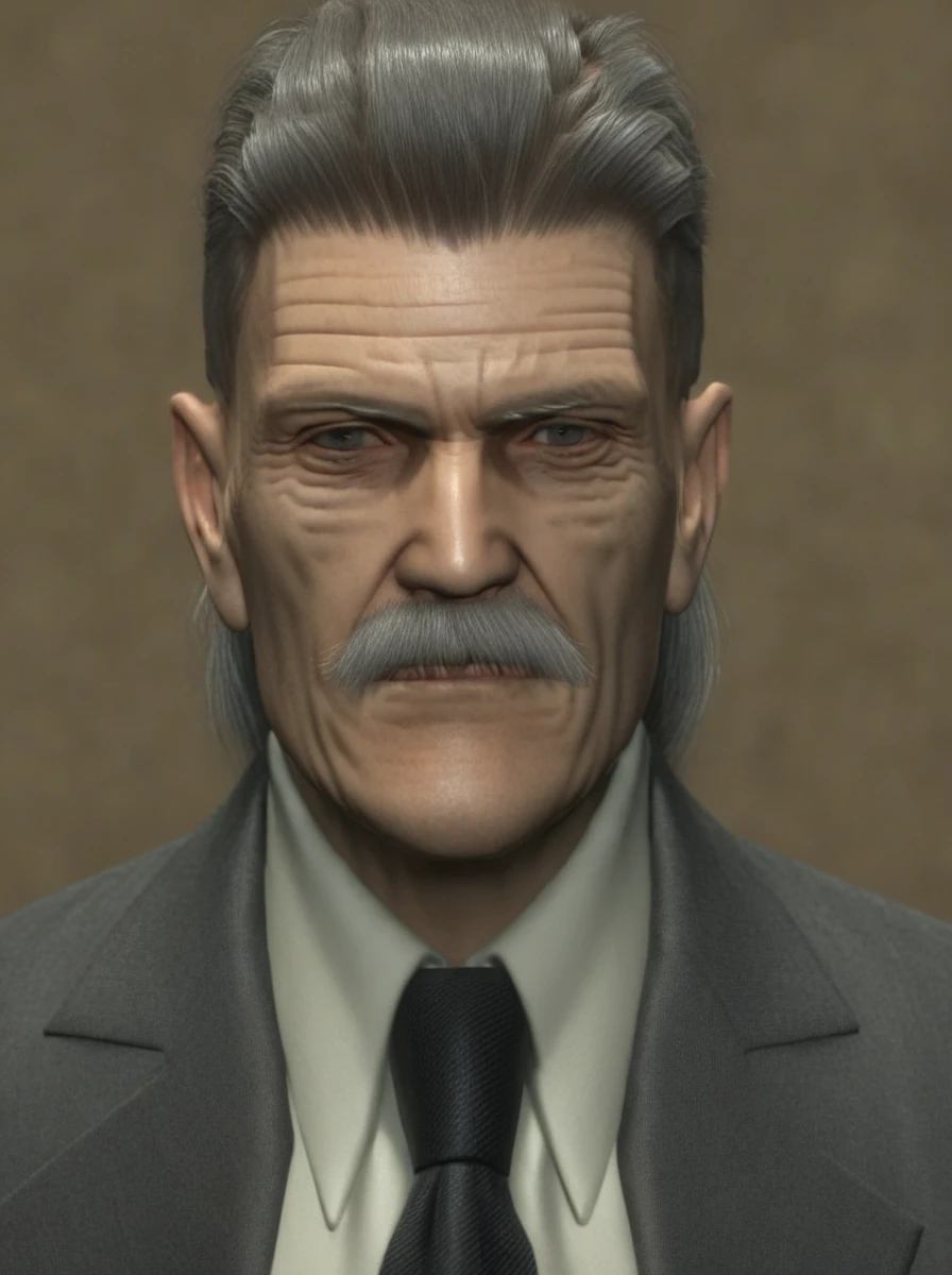 old man, suit, grey moustache, mullet, <lora:solid_snake:1>