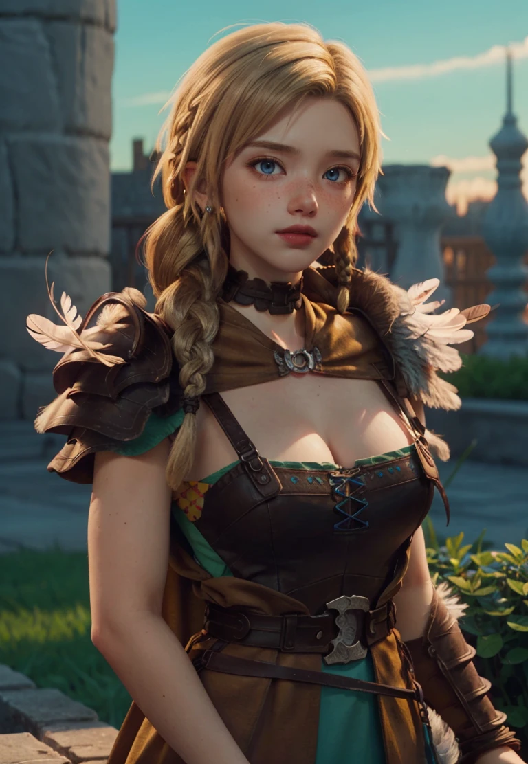 dramatic lighting, adult female, biancawhitaker, long hair, breasts, blue eyes, blonde hair, cleavage, choker, jewelry, braid, armor, cape, lips, single braid, feathers, shoulder armor, hair over shoulder, freckles,weapon, <lora:Bianca_Whitaker_Dragon_Quest_Your_Story:1>, castle, garden, looking at viewer, <lora:add_detail:0.3>