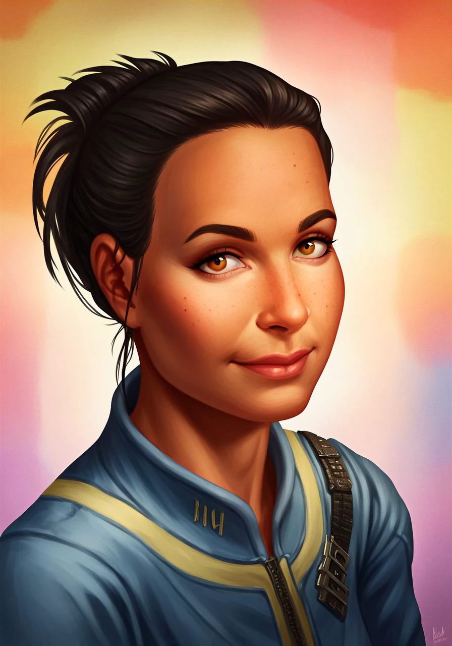 score_9, score_8_up, score_7_up, BREAK
tan-skinned female, black hair, hair bun, hazel eyes
blue jumpsuit
seated pose, (upper body:1.1), warm light smile, closed mouth, looking at viewer
(portrait studio, colorful abstract background, textured portrait backdrop:1.1)
<lora:am4t4FO_PDXL:1.0>