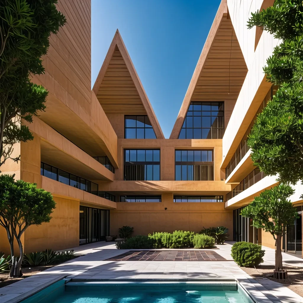 exterior of office tower, angular architecture, adobe architecture, (triangluar holes:1.3), dynamic angles, geometric facade, triangular motifs, sandy texture, <lora:AIDVN_TriangularAbode_v1:0.8>