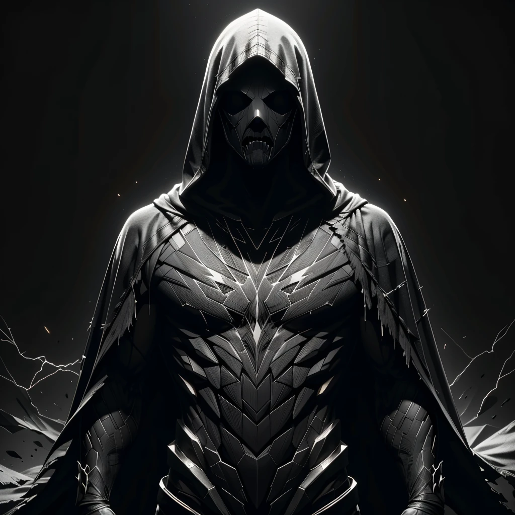 ShatteredCloth,solo,monochrome,greyscale,male focus,hood,cape,black background,facing viewer,cloak,clenched hands,hood up,arms at sides,hooded cloak,dark cloak,no face,face not seen,shattered effect on clothes,face hidden
 <lora:ShatteredClothSD:0.5>
