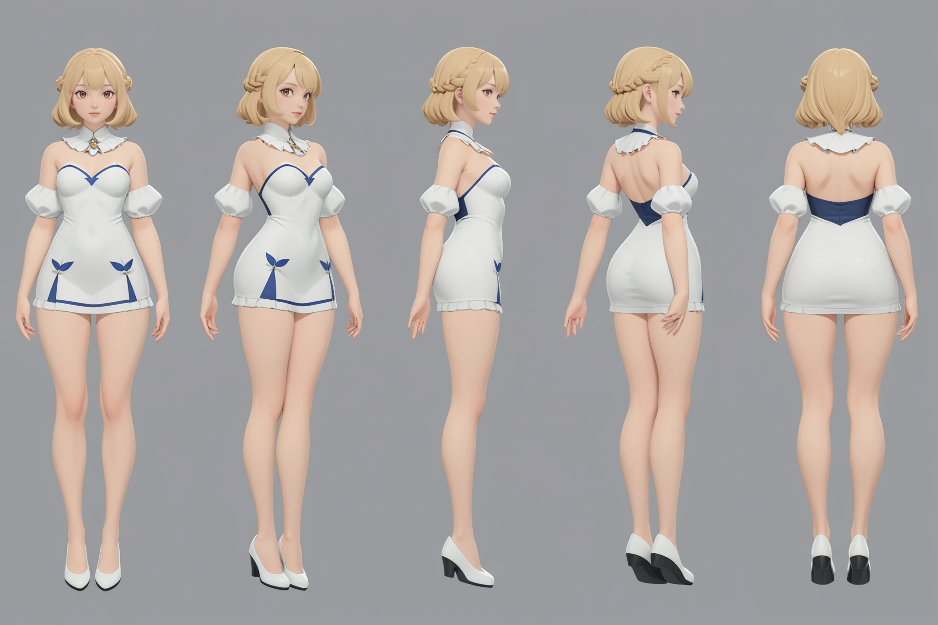 (GENERAL:0), 1girl, masterpiece, best quality, very aesthetic, absurdres, solo, standing,
(VIEWS:0),  full body character turnaround of 1girl,
Multiple views of the same character in the same outfit,  simple background, white background, multiple views, side view, back view, front view,
(hairLength:0), short hair, 
(hairTexture:0), curly hair,
(hairstyles:0), French braid hairstyle,
(haircolor:0), sandy blonde hair,
(bodyshape:0), Tall and lean body,
(ethnic origin:0), Finnish,
(skin color:0), Alabaster Skin,
(eye color:0), brown eyes,
(clothing:0), Dramatic balloon sleeve mini dress with oversized ruffled collar, 
(character ref:0), Hilda \(Pokemon\),
(art style:0), 3d
(theme:0), fantastic  
theme character design,
<lora:ClothTurnXLRemix_v1-000004:.5>
 <lora:ClothTurnXL_v1-000004:0.38> 
<lora:CharTurnXL_v2:0.25>
 <lora:xl_more_art-full_v1:.25>,
 <lora:Alphonse Mucha Style:.1>, Alphonse Mucha Style page
 <lora:å½é£æç»SDXL:.1>