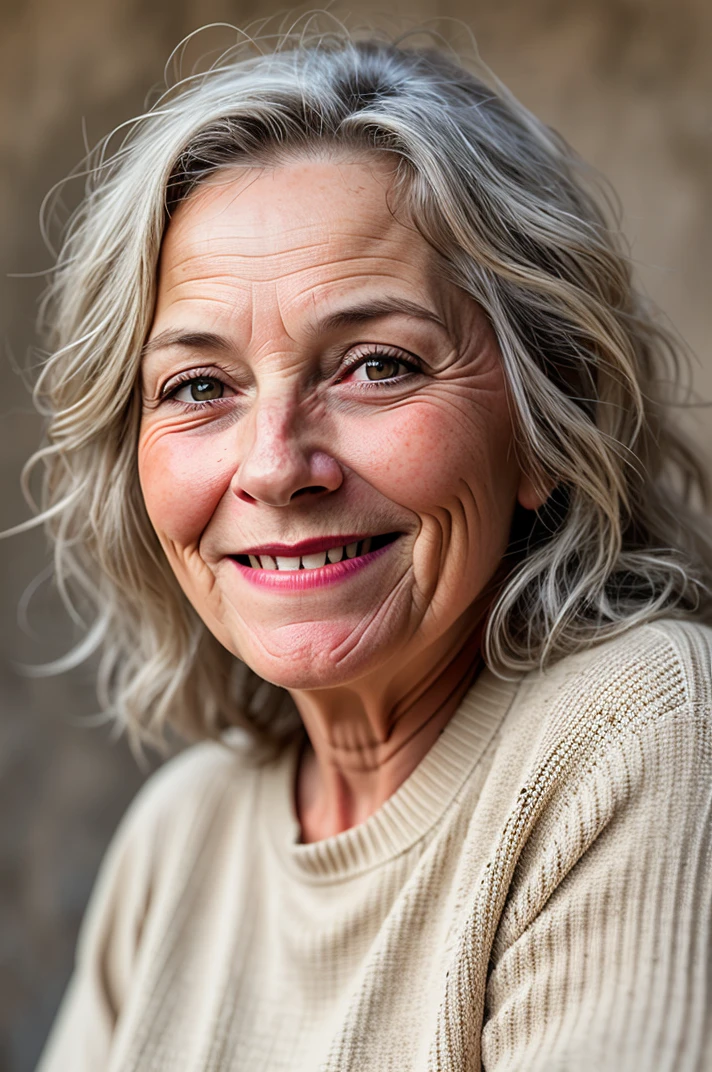 closeup happy face of older slim-rhin woman long-haired natural , French, spring sweater
<lora:Natural_Portraits_SD:0.5>