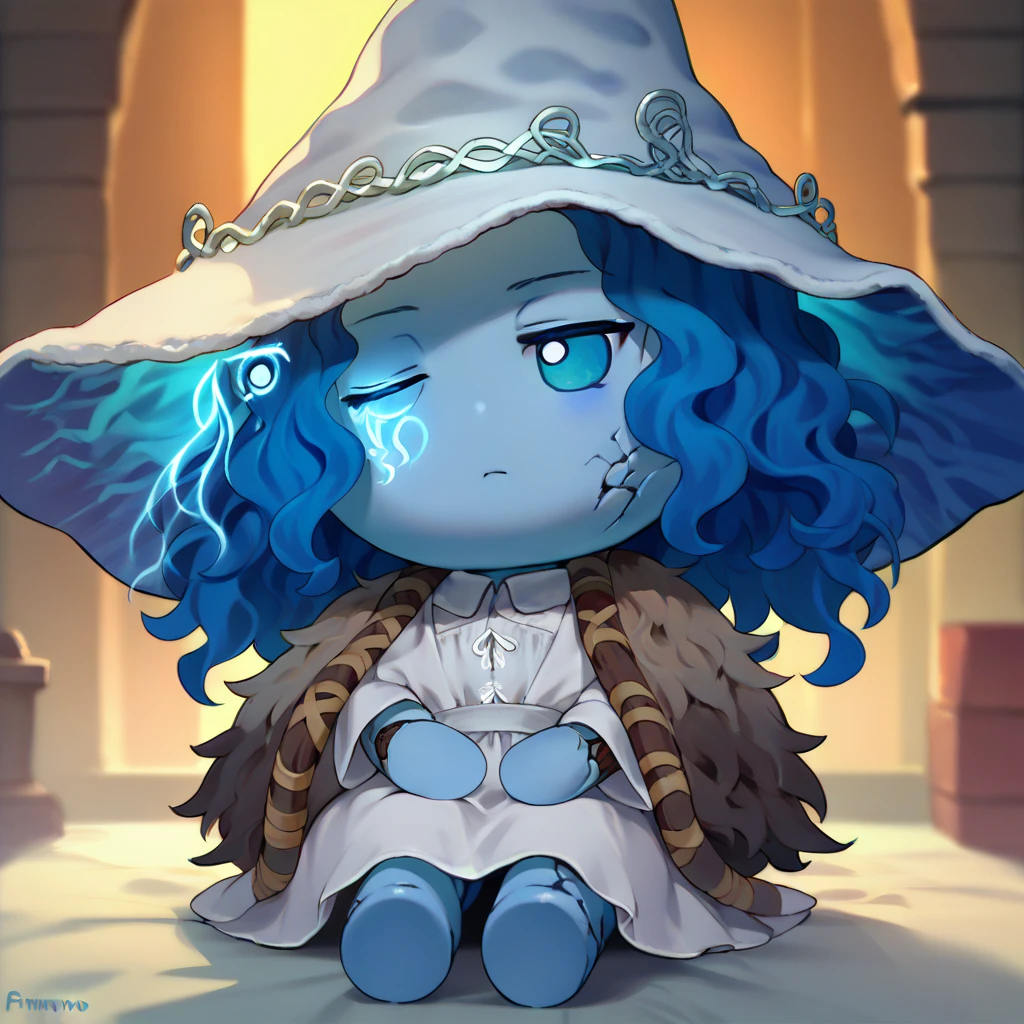 score_9, score_8_up, score_7_up, fumo \(doll\), chibi, solo, 1girl, IncrsXLRanni, expressionless, sitting, wavy hair, cracked skin, blue skin, colored skin, extra arms, extra faces, doll joints, white dress, witch hat, brown cloak <lora:style_toyfumo_ponyXL-000006:1> <lora:Ranni_XLPD_CAME:1>