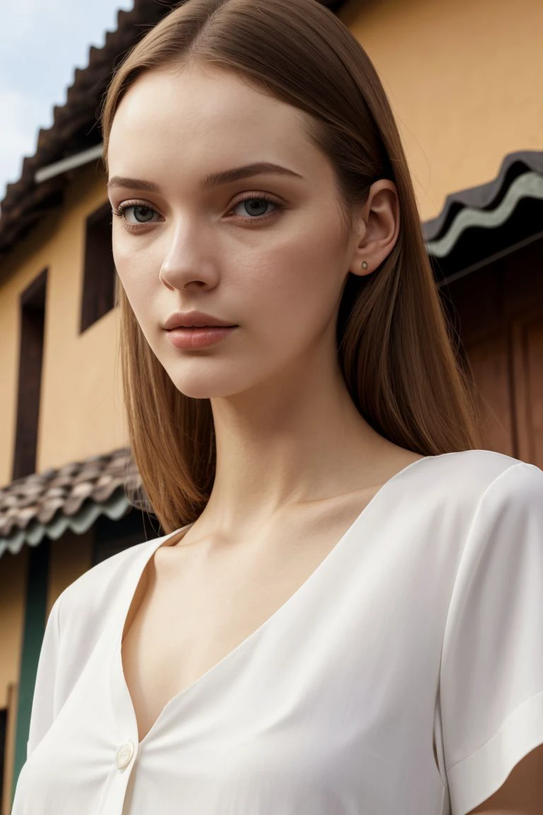 European woman, closeup, (shirt), pants, (brandenburg gate), (), ZM_sloane, wide shoulders, perfect face, (contact iris: 1.1), pale skin, skin pores , depth of field