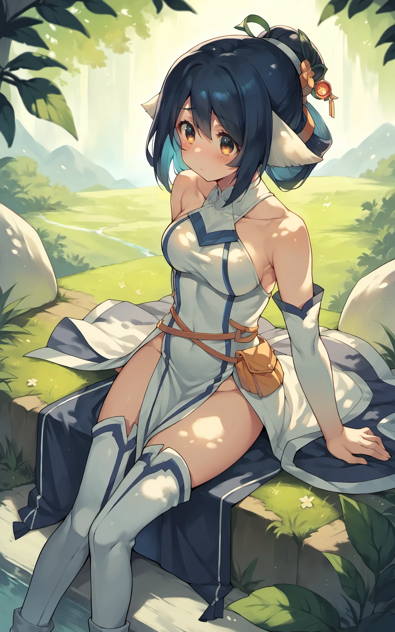 score_9,score_8_up,score_7_up,score_6_up,score_5_up,score_4_up,(source_anime),1girl,<lora:kuon_pony:0.8>,kuon,kuon \(utawarerumono\),utawarerumono,utawarerumono: itsuwari no kamen,white bodysuit,sitting,blue armored dress,thigh boots,