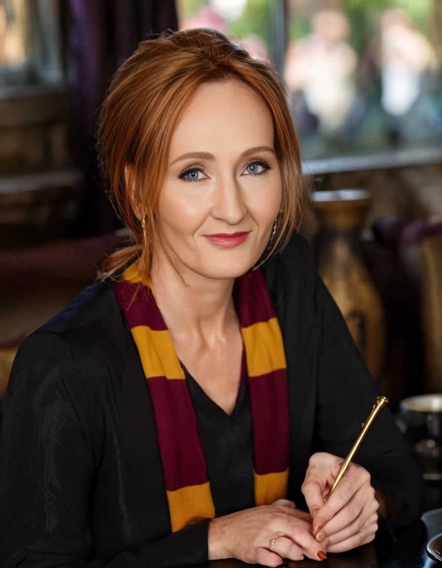 cinematic film still JK Rowling as a gay lgbt harry potter character <lora:JK Rowling:1.0> . shallow depth of field, vignette, highly detailed, high budget, bokeh, cinemascope, moody, epic, gorgeous, film grain, grainy