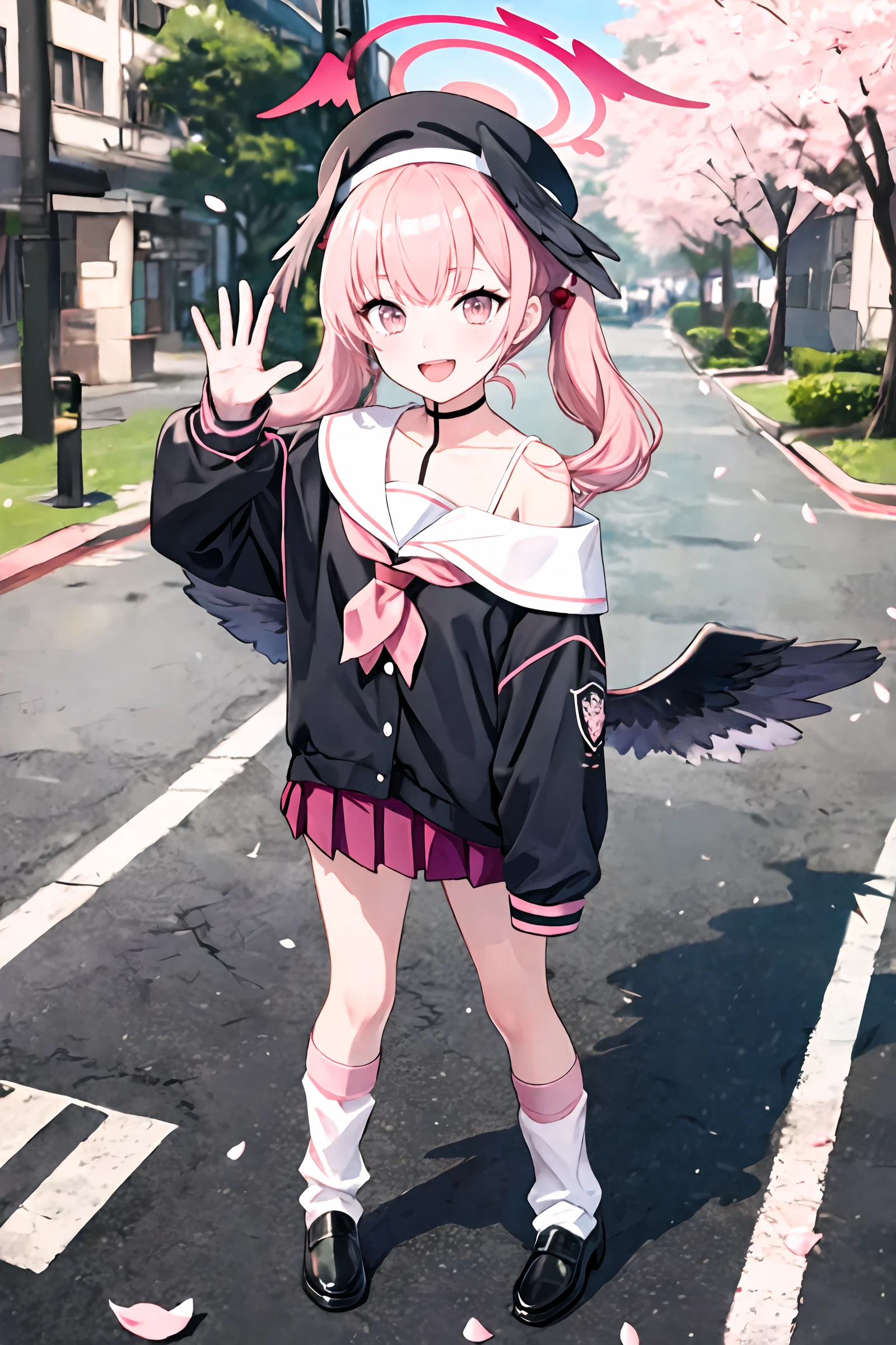 1girl, koharu \(blue archive\), twintails, halo, beret, head wings, low wings, pleated miniskirt, sleeves past wrists, sailor shirt, pink neckerchief, off shoulder, loose socks, loafers, standing, full body, smile, open mouth,  looking at viewer, waving, outdoors, street, cherry blossoms, petals, depth of field