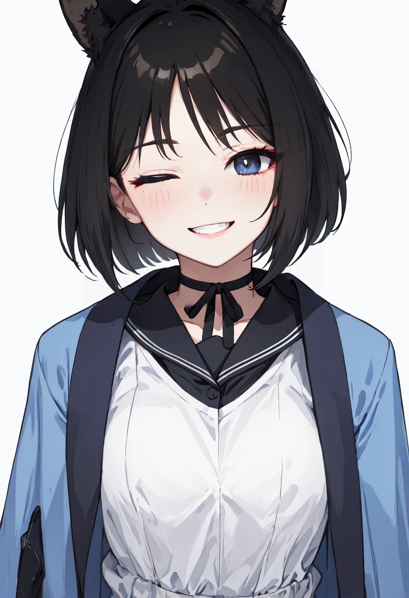best quality, masterpiece, highres, solo, (kikyou_bluearchive:1.10), smile, happy, one eye closed, portrait, looking at viewer, 37 <lora:kikyou_bluearchive:0.80>