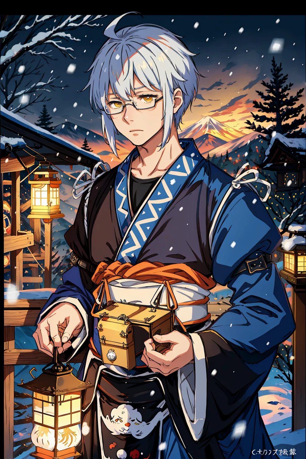 masterpiece, best quality,<lora:MorichikaRinnosuke:1>,
morichika rinnosuke, 1boy, solo, male focus, letterboxed, glasses, snow, lantern, ahoge, yellow eyes, snowing, mountain, tree, long sleeves