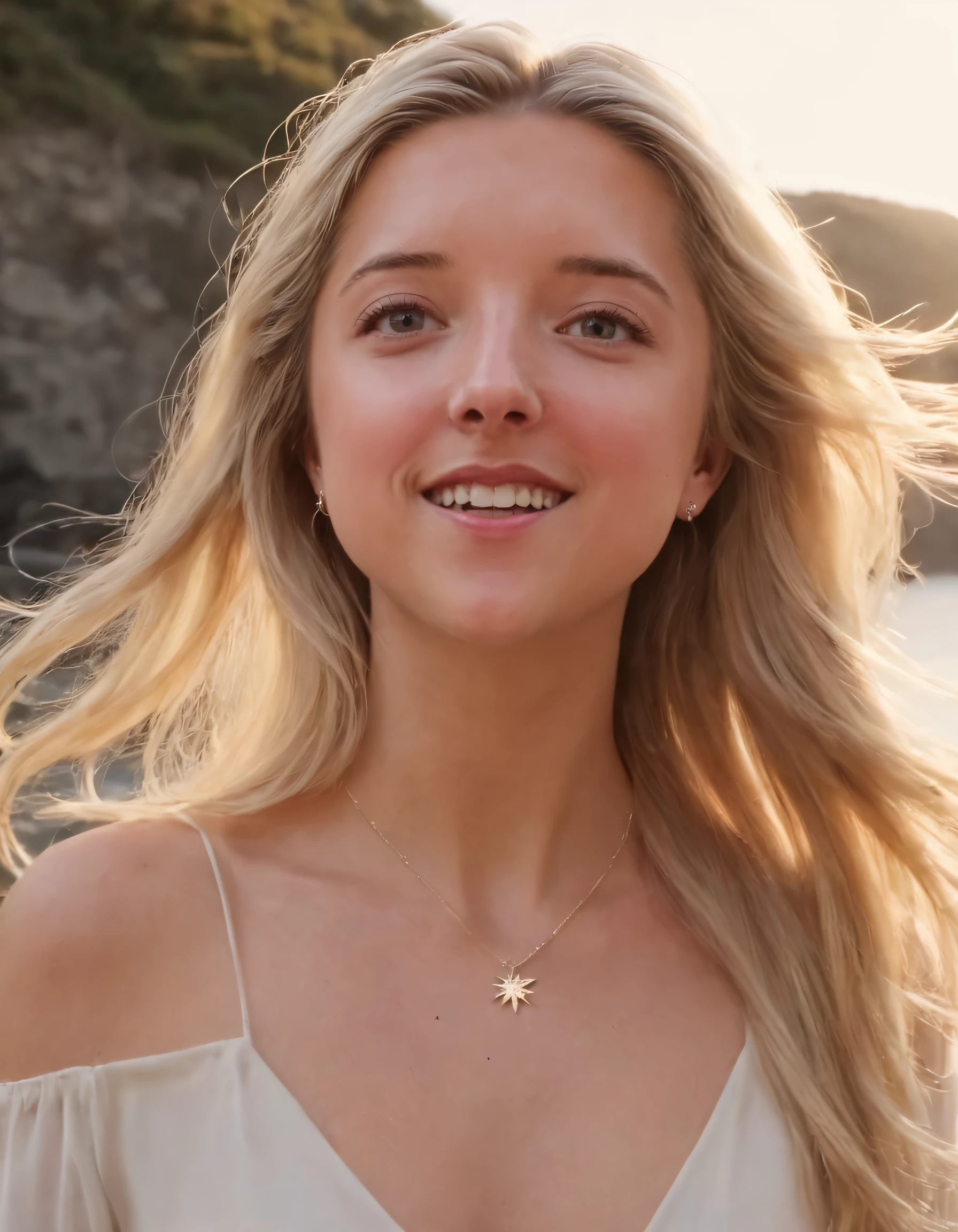 MissKatie, an ethereal beauty with her long blonde hair cascading down her shoulders, stood alone in a scenic locale, wearing a realistic and elegant outfit. As she gazed at the viewer with parted lips and a hint of teeth, the sun glistened off her shimmering necklace. Her captivating eyes held both a genuine smile and a touch of intrigue, inviting an emotional connection while her hair fluttered gracefully in the gentle breeze. <lora:kuwtvu18e7879dd1cq1f1:1>