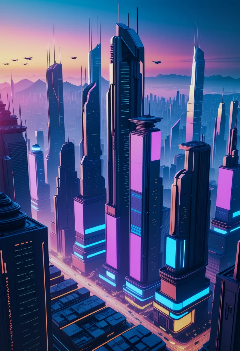 A cyberpunk cityscape filled with towering neon skyscrapers and flying vehicles.