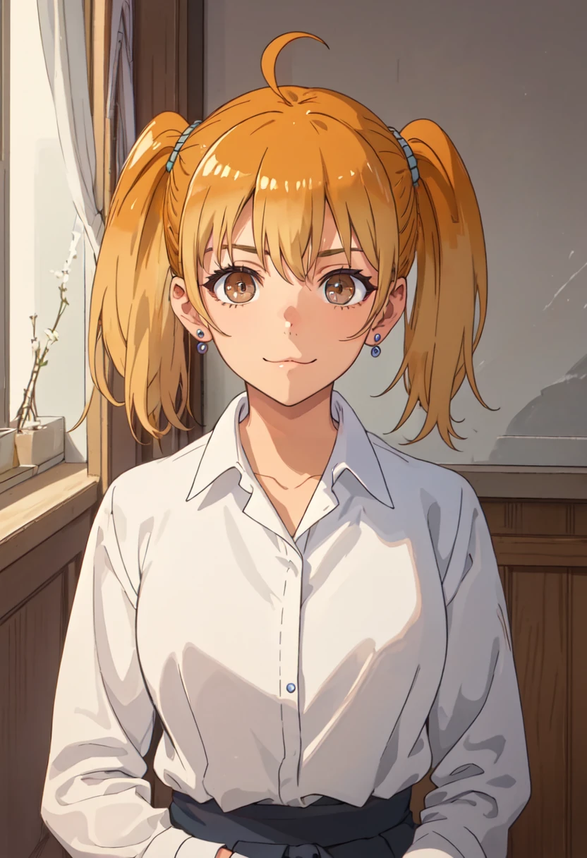 best quality, masterpiece, highres, solo, (yoshi_donttoywithmemissnagatoro:1.10), 1girl, jewelry, :3, smile, white shirt, collared shirt, upper body, looking at viewer, indoors, long sleeves, anime_style, 2 <lora:yoshi_donttoywithmemissnagatoro:0.80>
