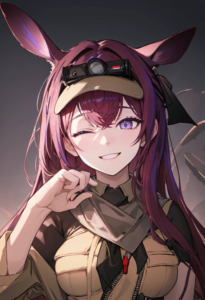 best quality, masterpiece, highres, solo, (ray_arknights:1.10), smile, happy, one eye closed, portrait, looking at viewer, 28 <lora:ray_arknights:0.80>