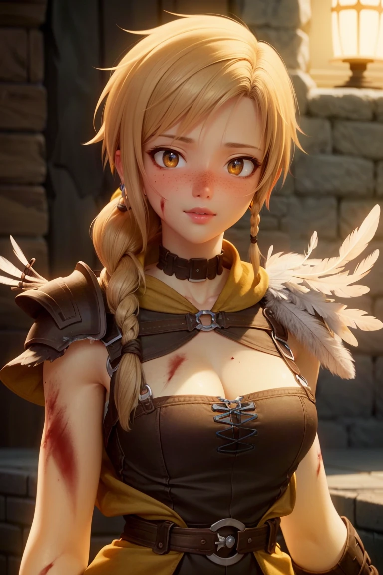 (realistic:1.3), solo, biancawhitaker, long hair, breasts, yellow eyes, blonde hair, cleavage, choker, jewelry, braid, armor, cape, lips, single braid, feathers, shoulder armor, hair over shoulder, freckles, weapon, <lora:Bianca_Whitaker_Dragon_Quest_Your_Story:1>, small breasts, full body, blood, hurt face, looking at viewer, light smile,  beautiful detailed face, beautiful detailed eyes, sharp details, unreal engine, octane render, <lora:add_detail:0.3>