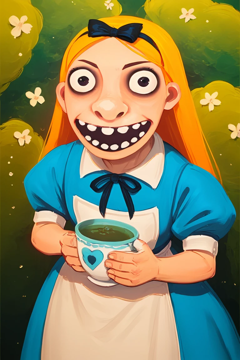 score_9, score_8_up, score_7_up, score_6_up, 1girl, alice in wonderland, disney character, holding a cup of tea, light smile, mid shot,  <lora:lozhkin_pony:0.85> lozhkin, open mouth, teeth, big smile