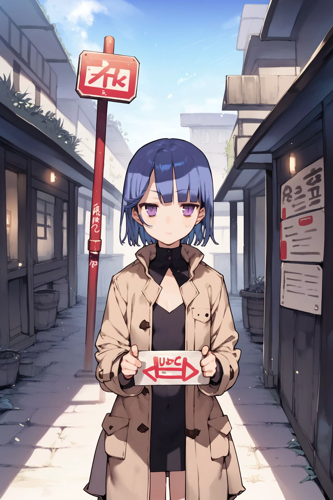 score_9, score_8_up, score_7_up, 1girl, ok sign, :>, blue hair, short bangs, dark purple eyes, flat chest, dark grey trench coat, sunbeam, outdoors <lora:noco_(adamas)_PonyXL_style_v02:1>